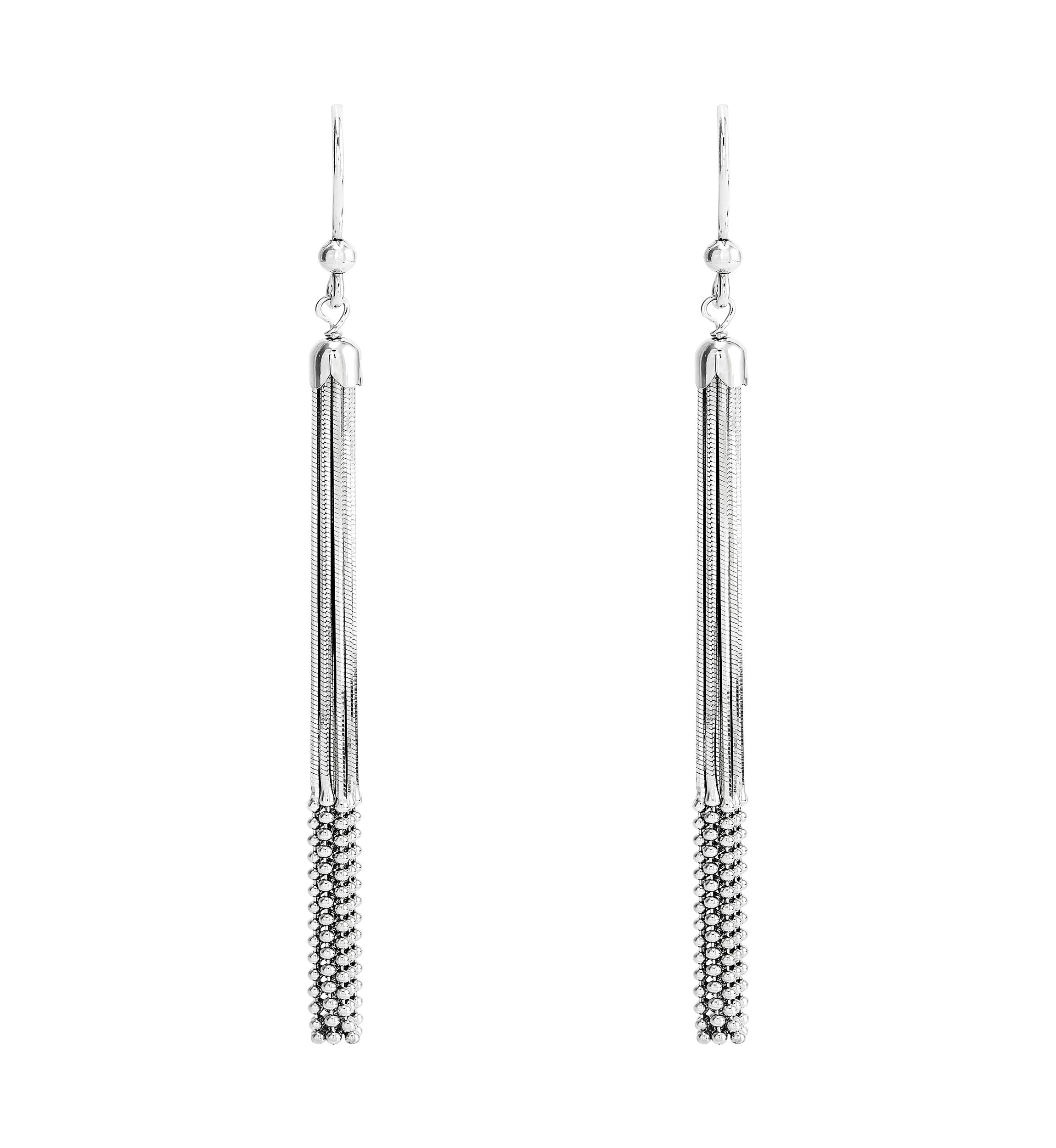 Multi Row Snake Chain and Bead Drop Tassel Earrings in Sterling Silver