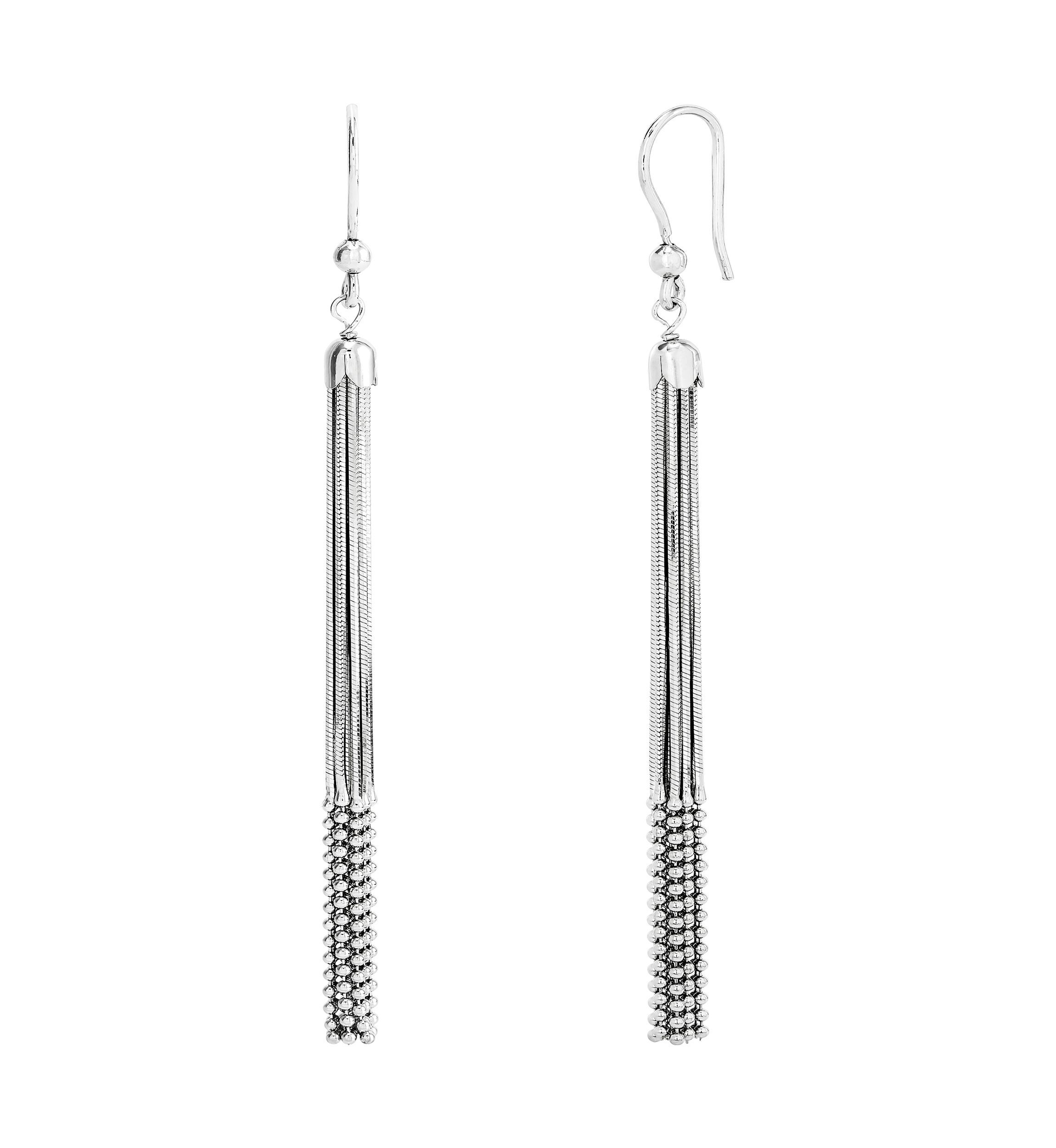 Multi Row Snake Chain and Bead Drop Tassel Earrings in Sterling Silver