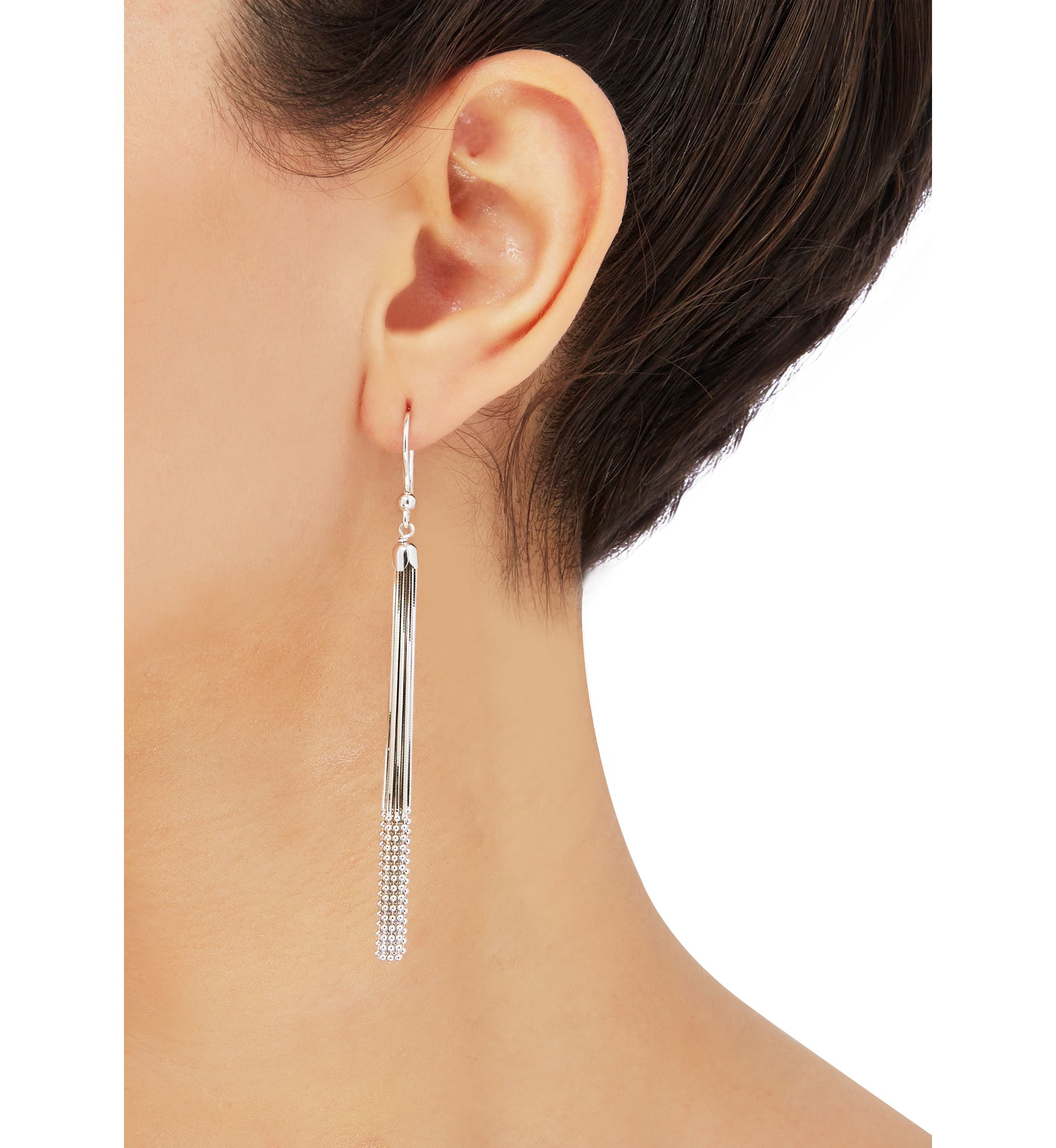 Multi Row Snake Chain and Bead Drop Tassel Earrings in Sterling Silver
