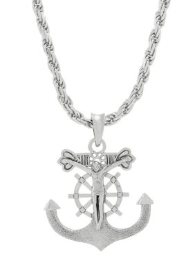 Belk & Co Men's Large Gents Anchor with Jesus Pendant with 22" Rope Chain in Sterling Silver, 22 in
