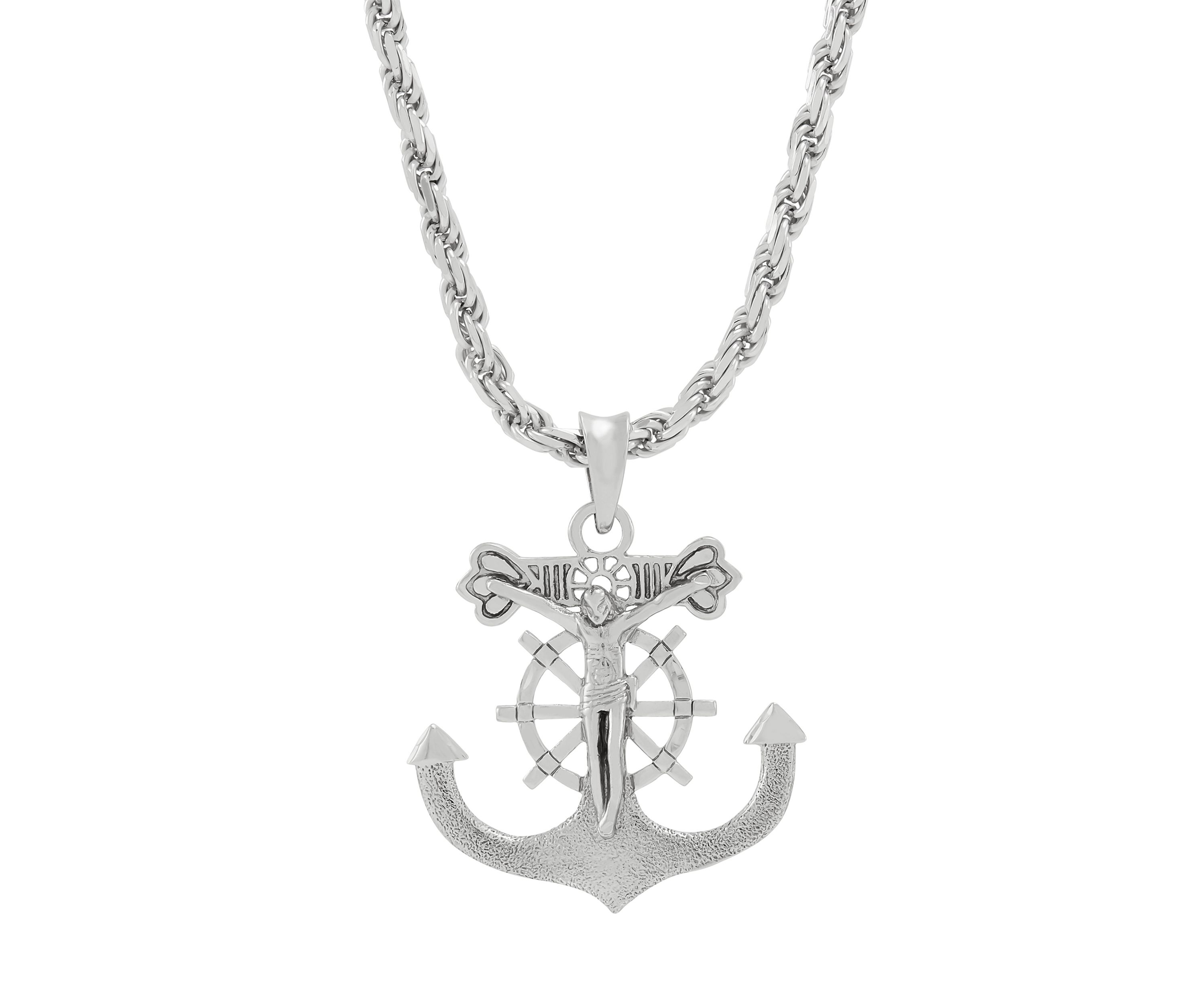 Large Gents Anchor with Jesus Pendant with 22" Rope Chain in Sterling Silver
