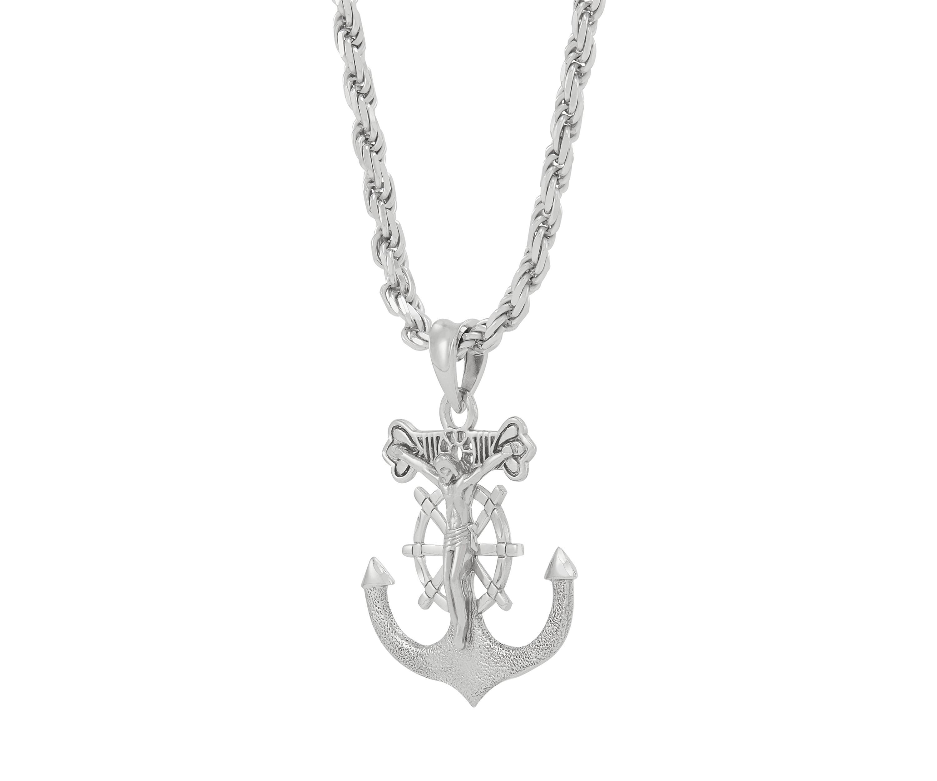 Large Gents Anchor with Jesus Pendant with 22" Rope Chain in Sterling Silver