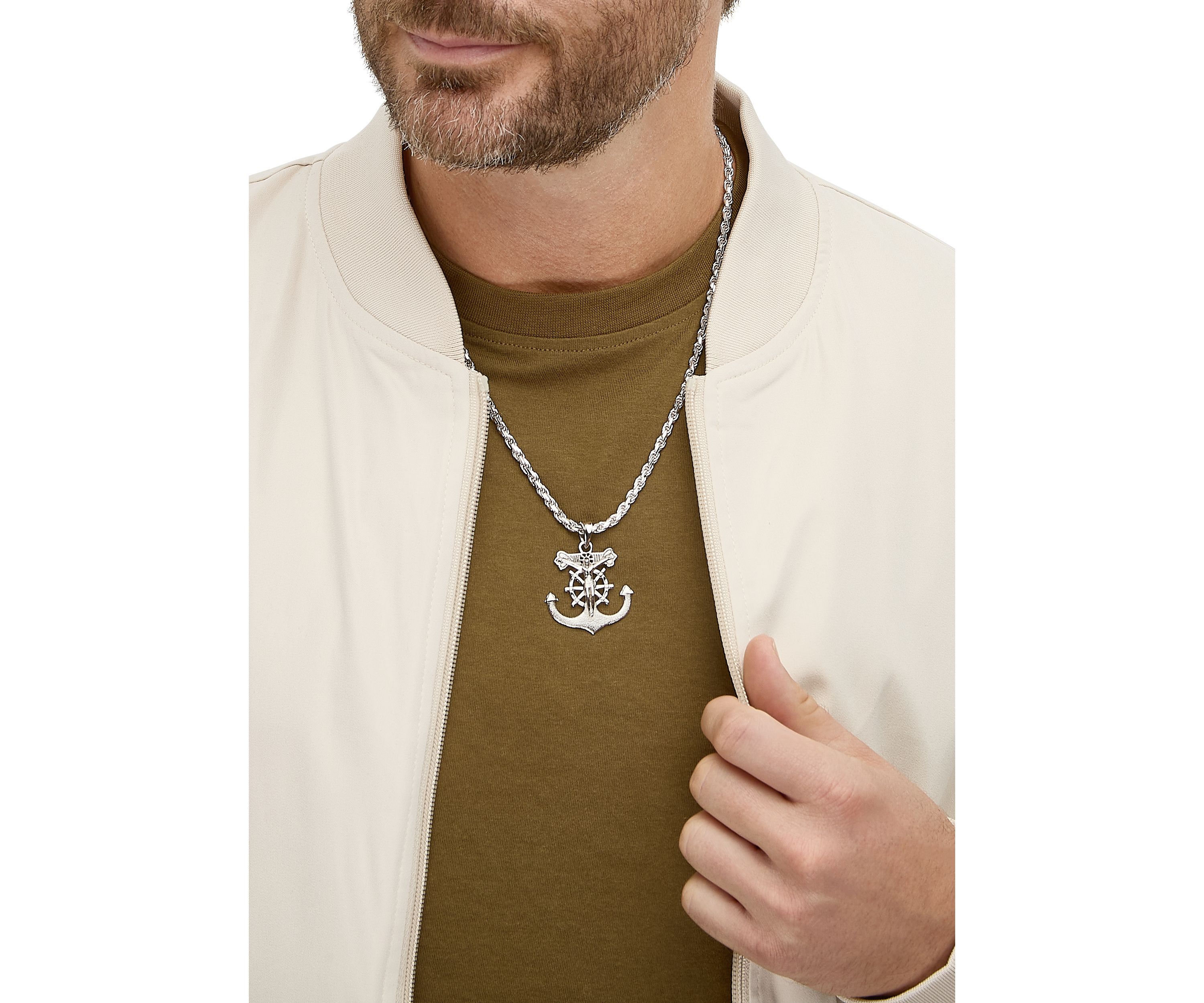 Large Gents Anchor with Jesus Pendant with 22" Rope Chain in Sterling Silver