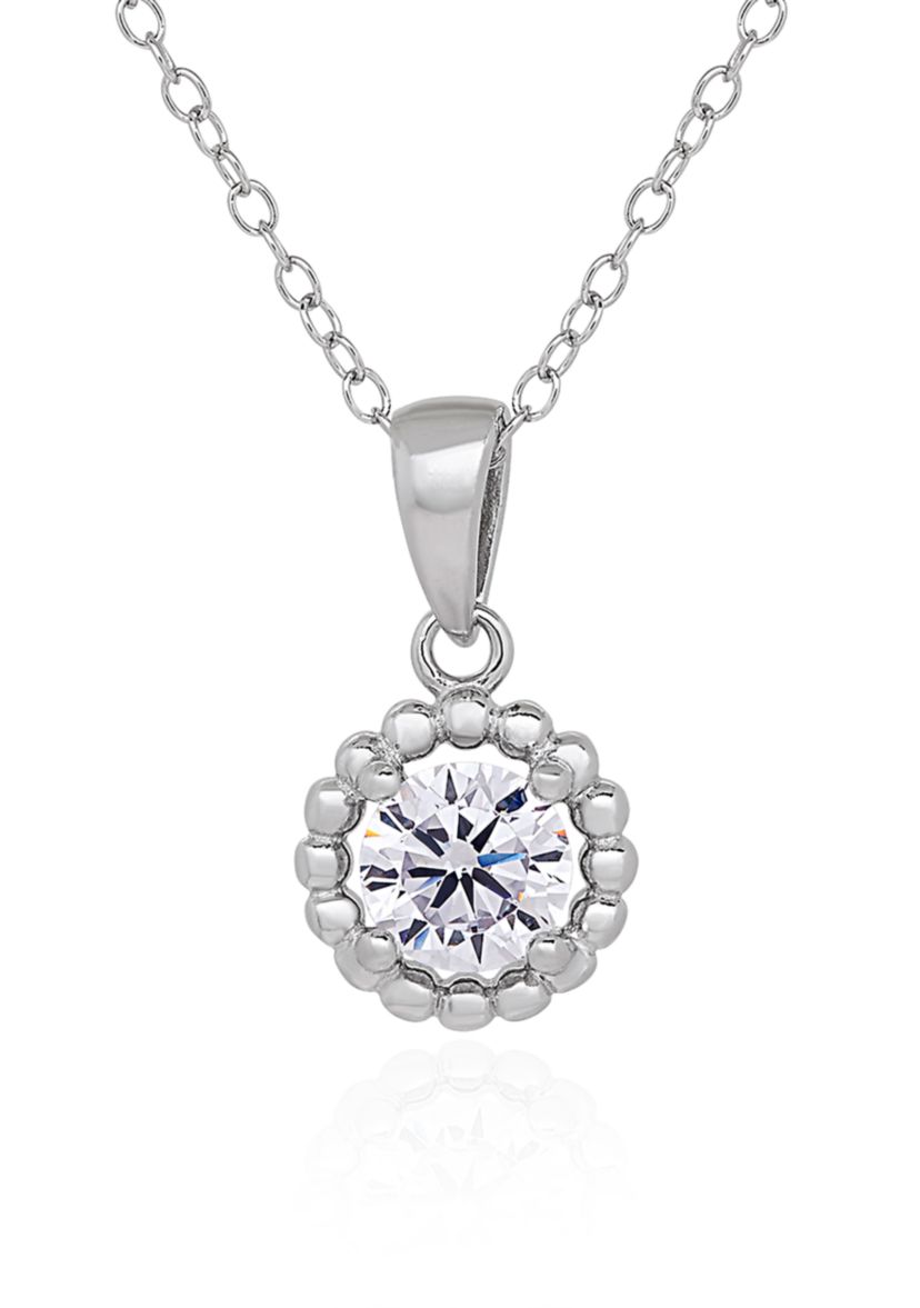 Cubic Zirconia Solitaire with Bead Necklace in Sterling Silver