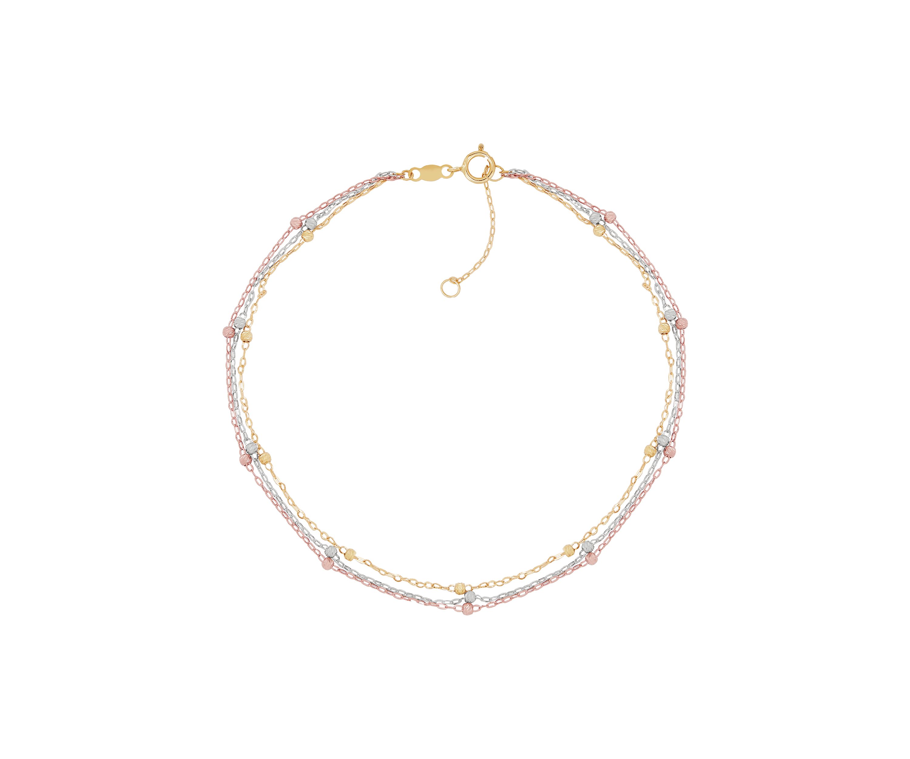 Triple Strand Tin Cup Anklet in 10K Tri-Tone Gold