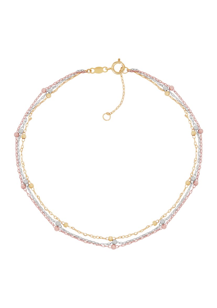 Triple Strand Tin Cup Anklet in 10K Tri-Tone Gold