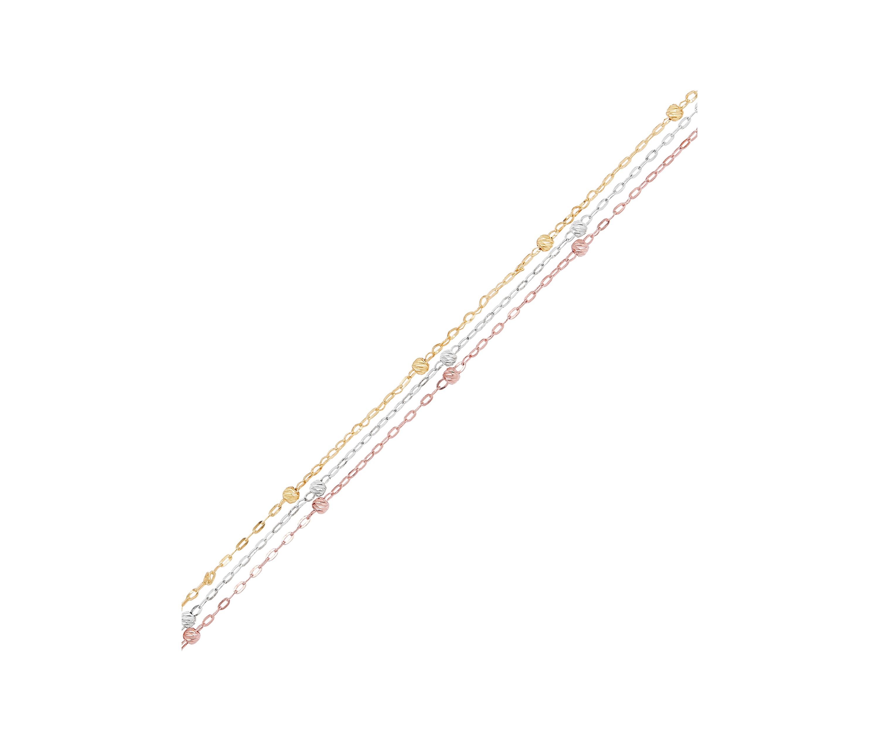 Triple Strand Tin Cup Anklet in 10K Tri-Tone Gold
