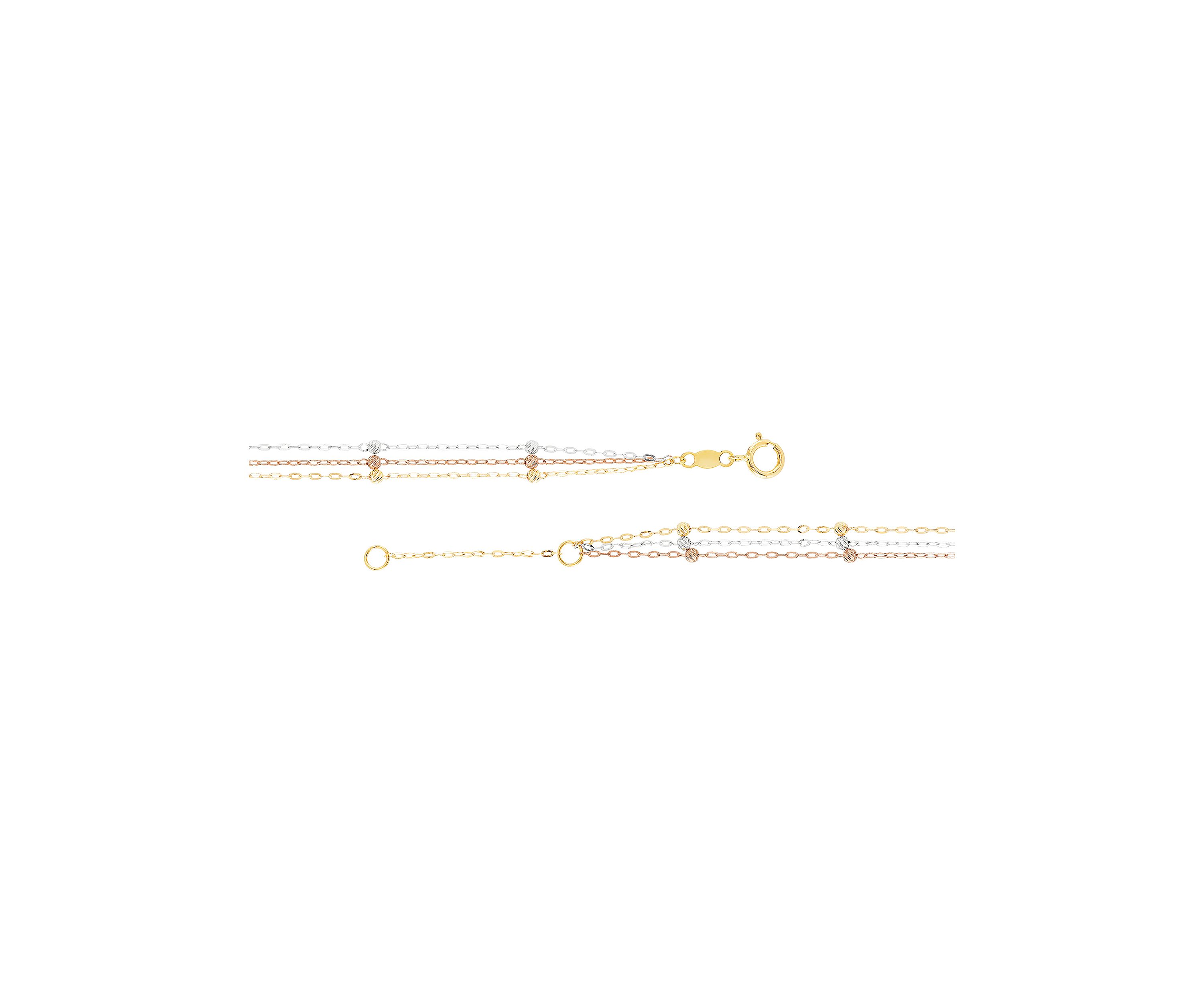Triple Strand Tin Cup Anklet in 10K Tri-Tone Gold