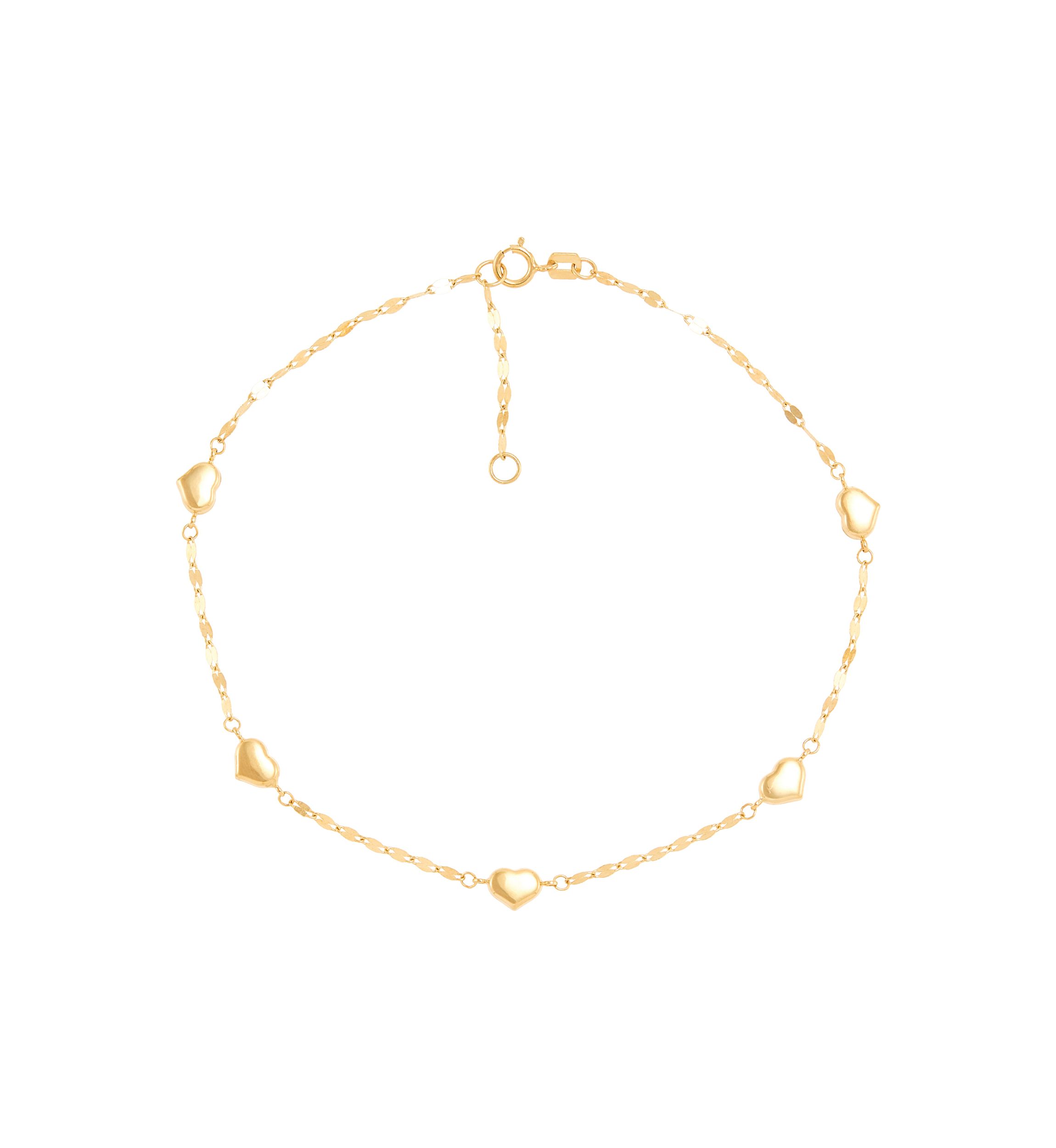 Heart Station On Mirror Chain Anklet in 10K Yellow Gold