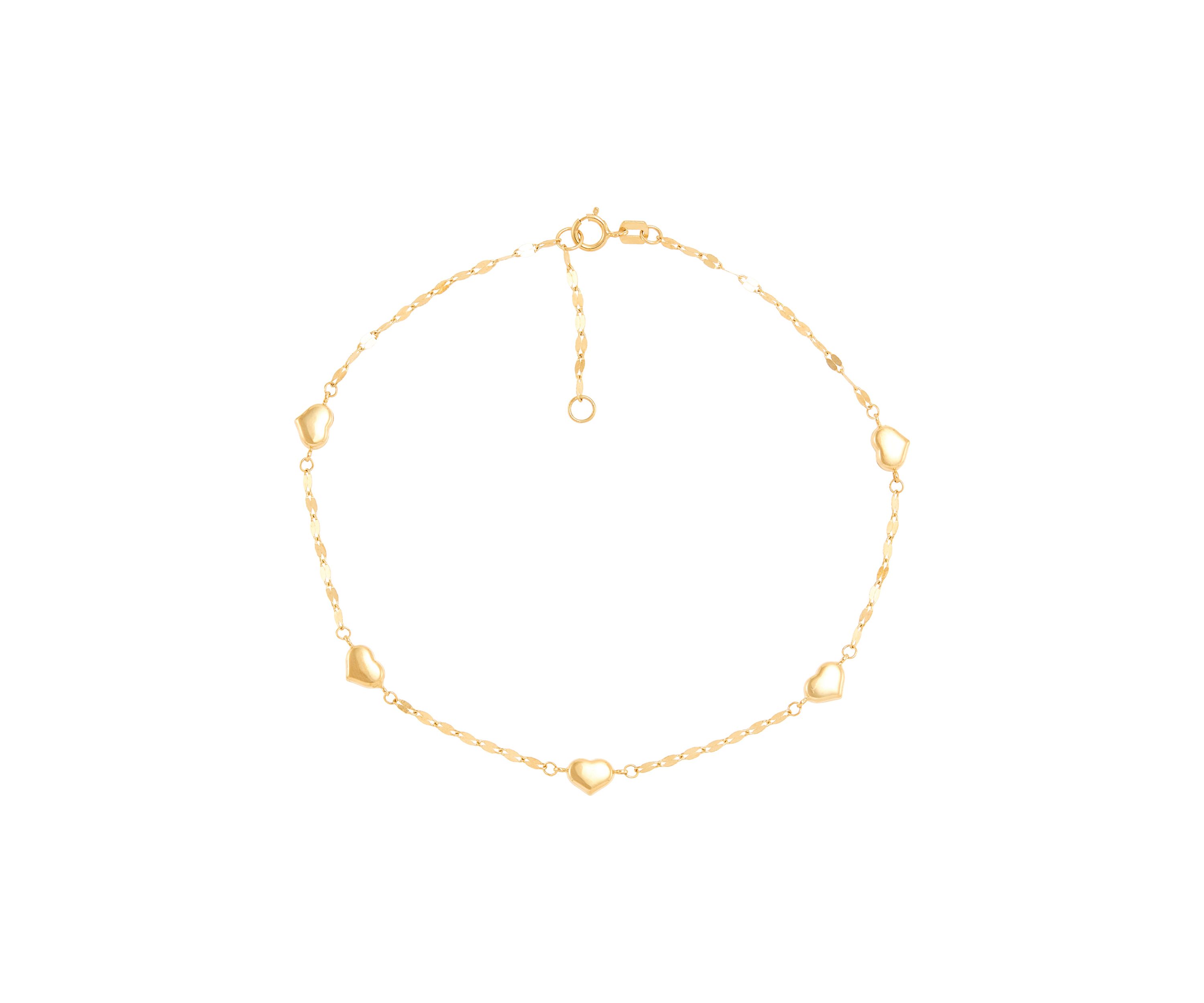 Heart Station On Mirror Chain Anklet in 10K Yellow Gold