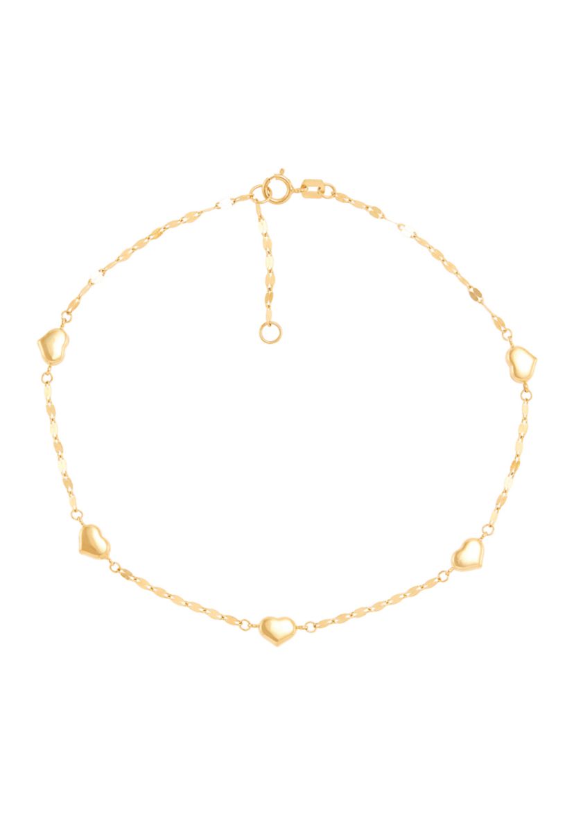 Heart Station On Mirror Chain Anklet in 10K Yellow Gold