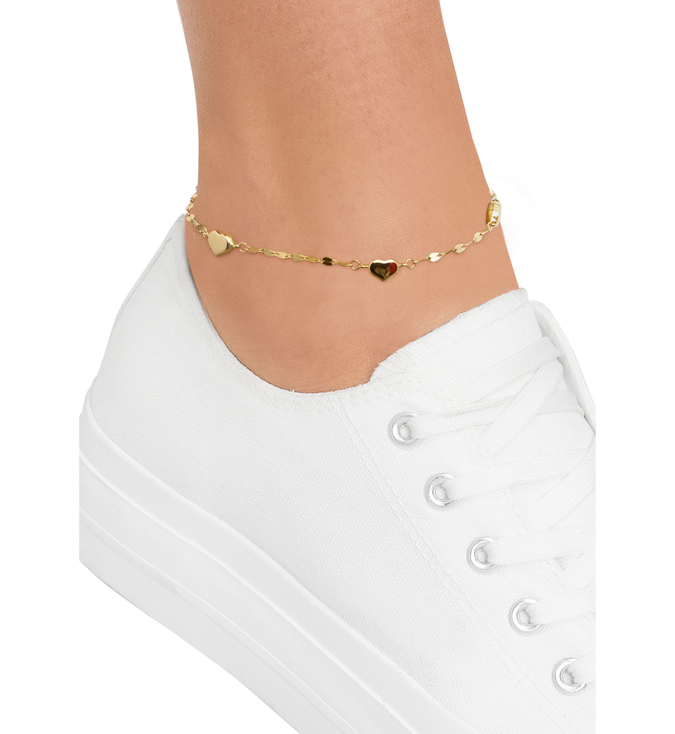 Heart Station On Mirror Chain Anklet in 10K Yellow Gold