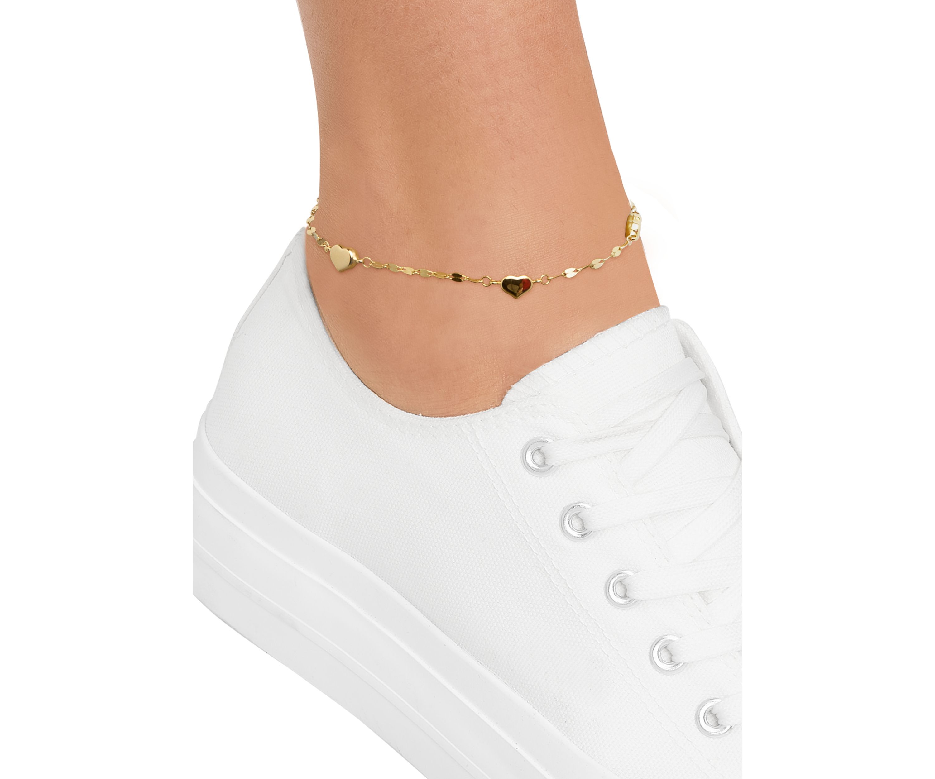 Heart Station On Mirror Chain Anklet in 10K Yellow Gold