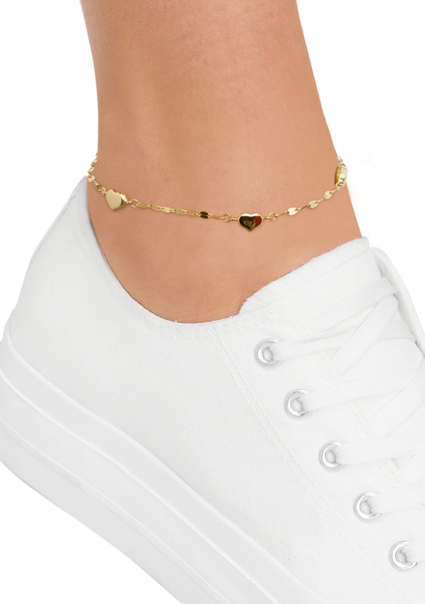 Heart Station On Mirror Chain Anklet in 10K Yellow Gold