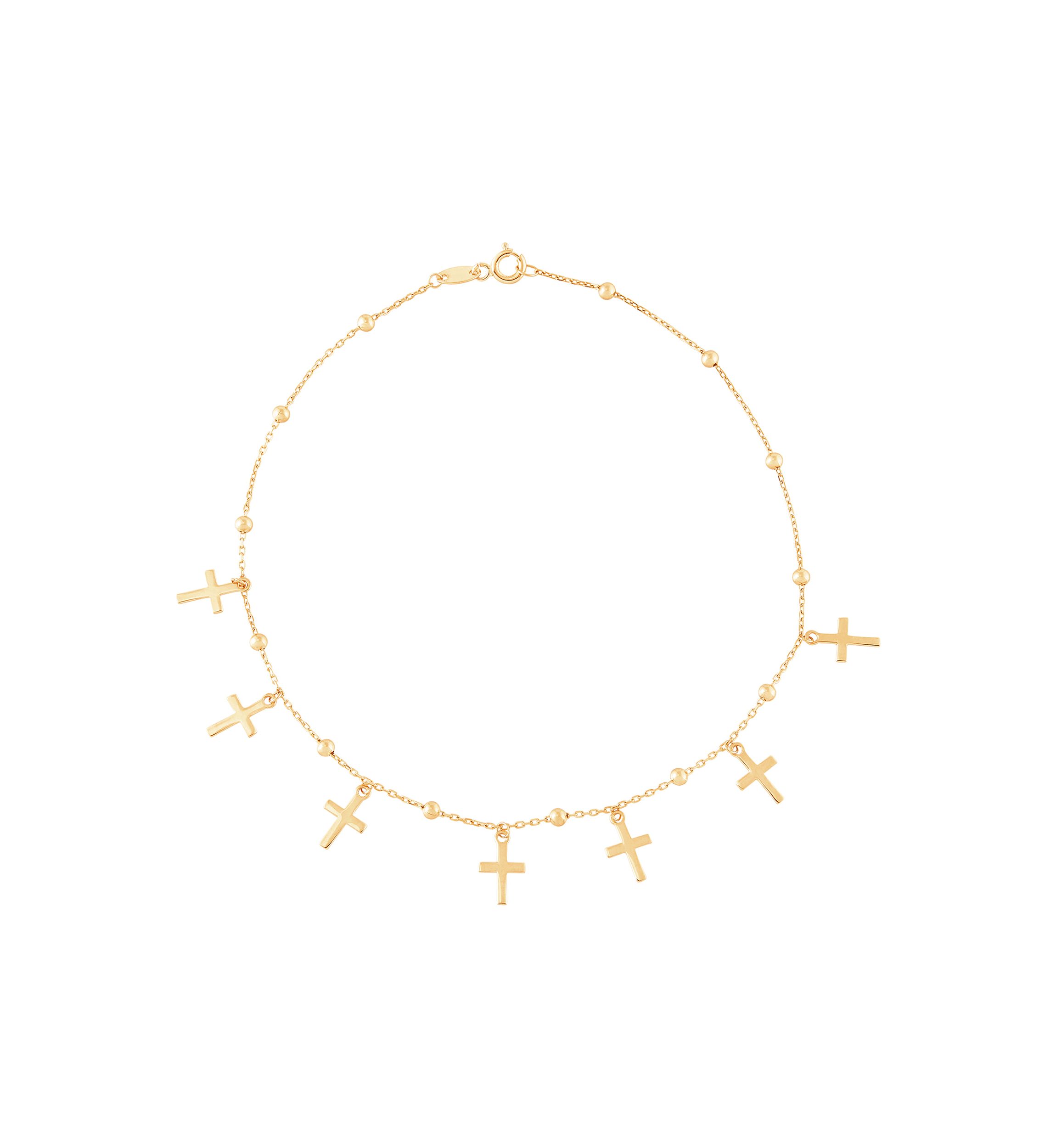 Beads and Cross Tincup Drop Anklet in 10K Yellow Gold