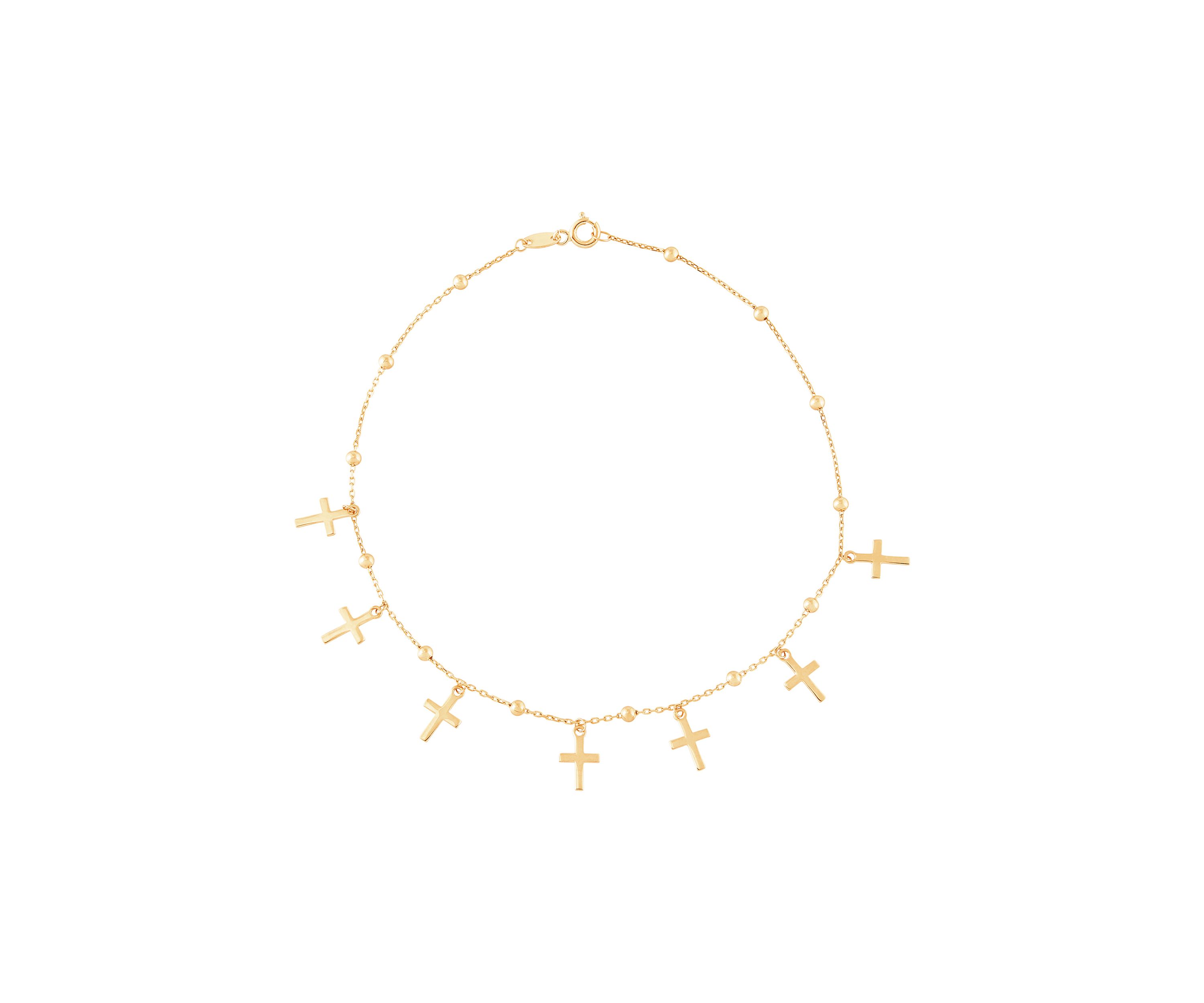 Beads and Cross Tincup Drop Anklet in 10K Yellow Gold