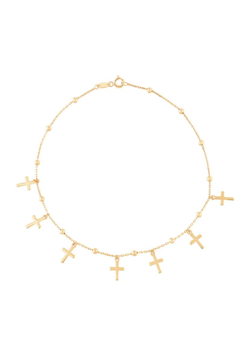 Beads and Cross Tincup Drop Anklet in 10K Yellow Gold