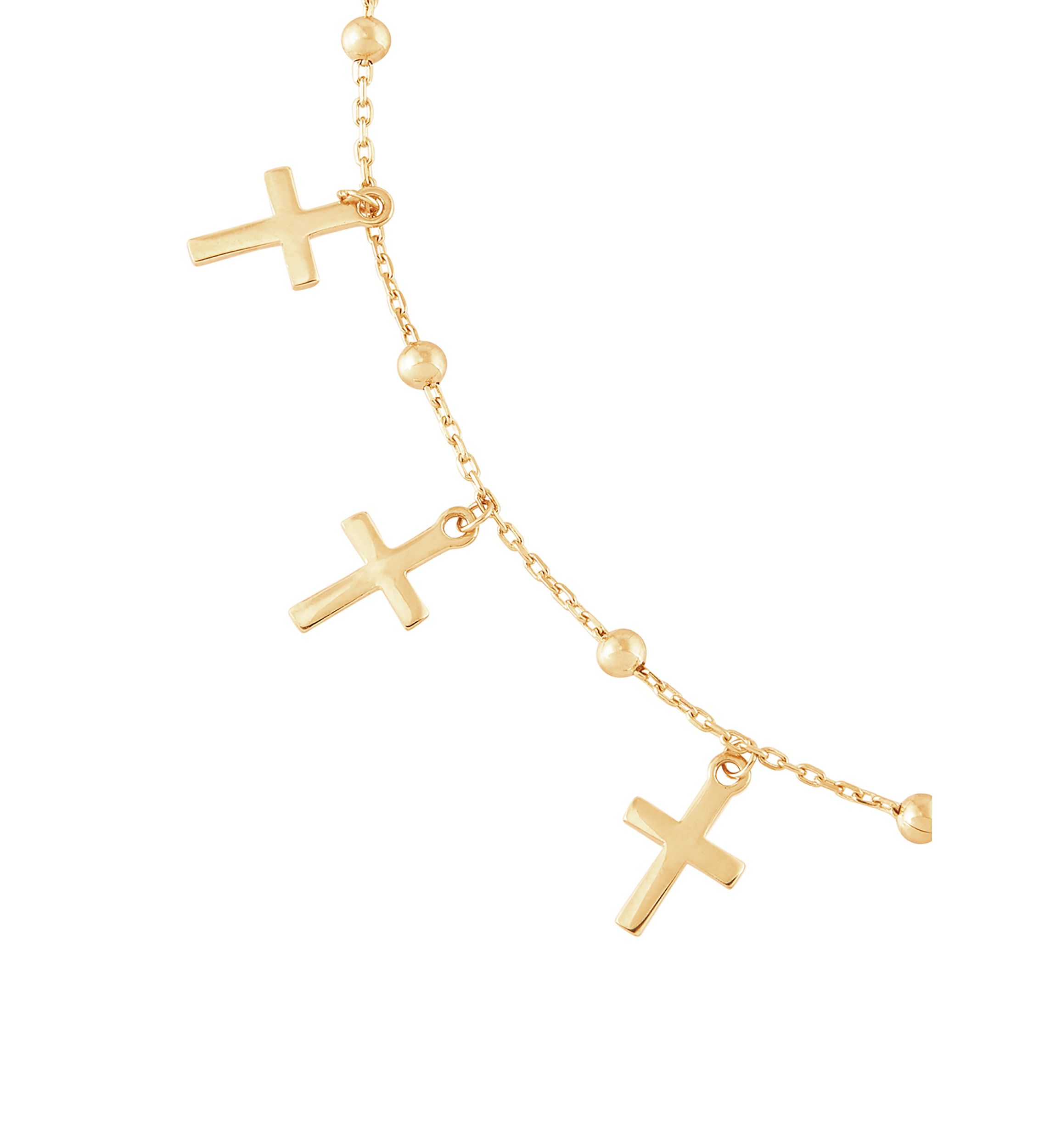 Beads and Cross Tincup Drop Anklet in 10K Yellow Gold
