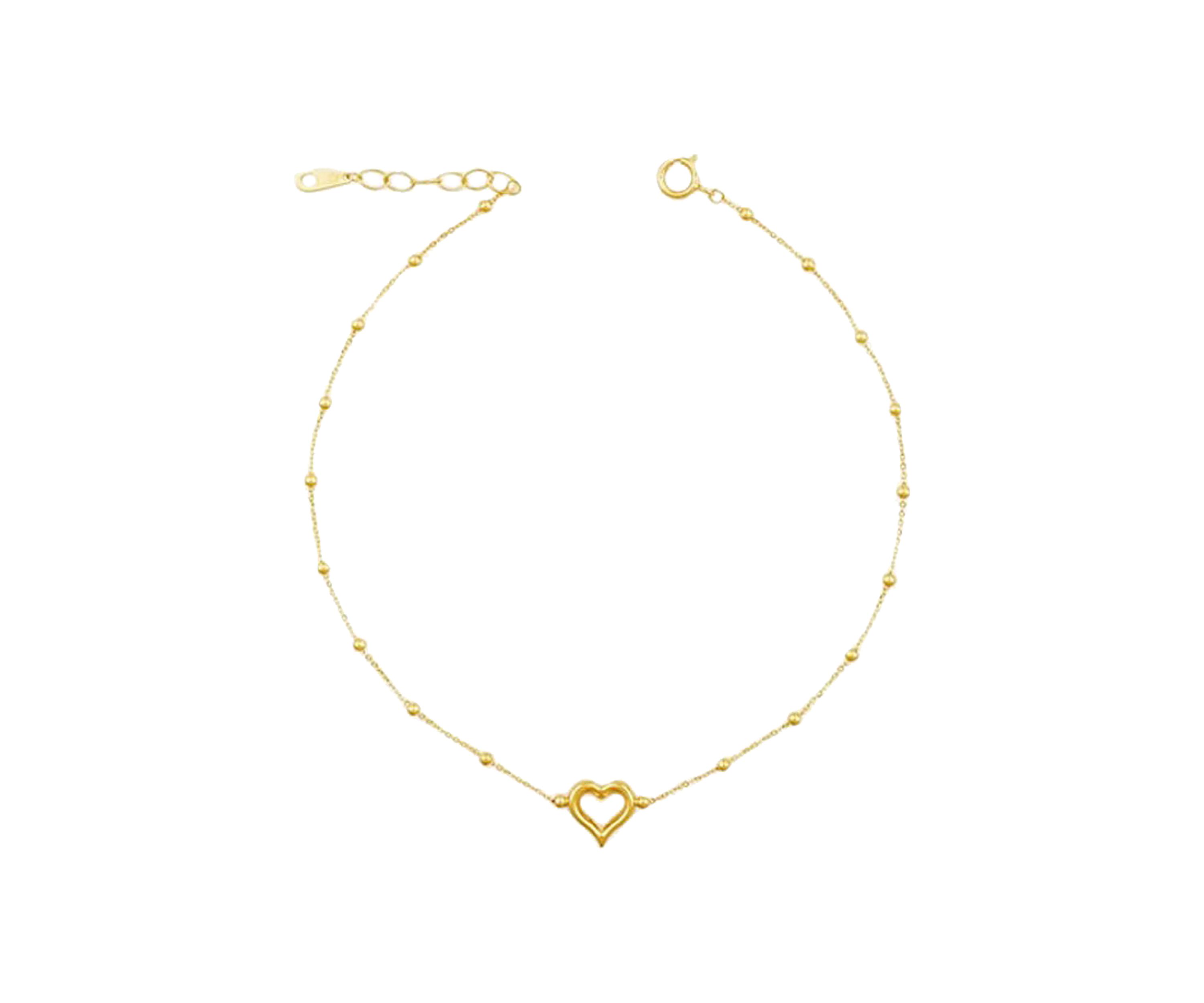 Heart Pendant Solid Beaded Cable Chain Anklet in 10K Yellow Gold