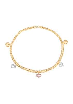 Belk & Co Puffed Heart 2 Row Rope Chain Anklet in 10K Tri-Tone Gold, 10 in