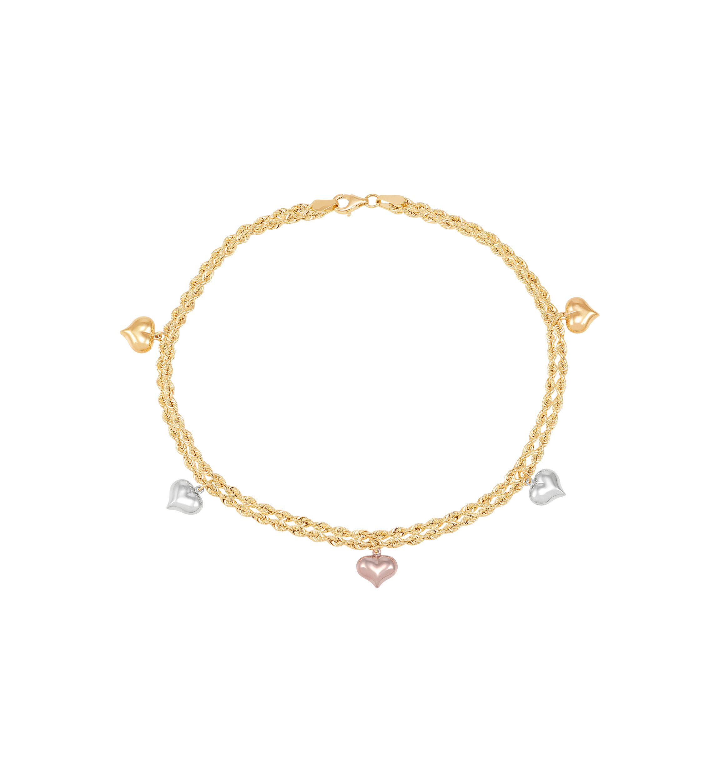 Puffed Heart 2 Row Rope Chain Anklet in 10K Tri-Tone Gold