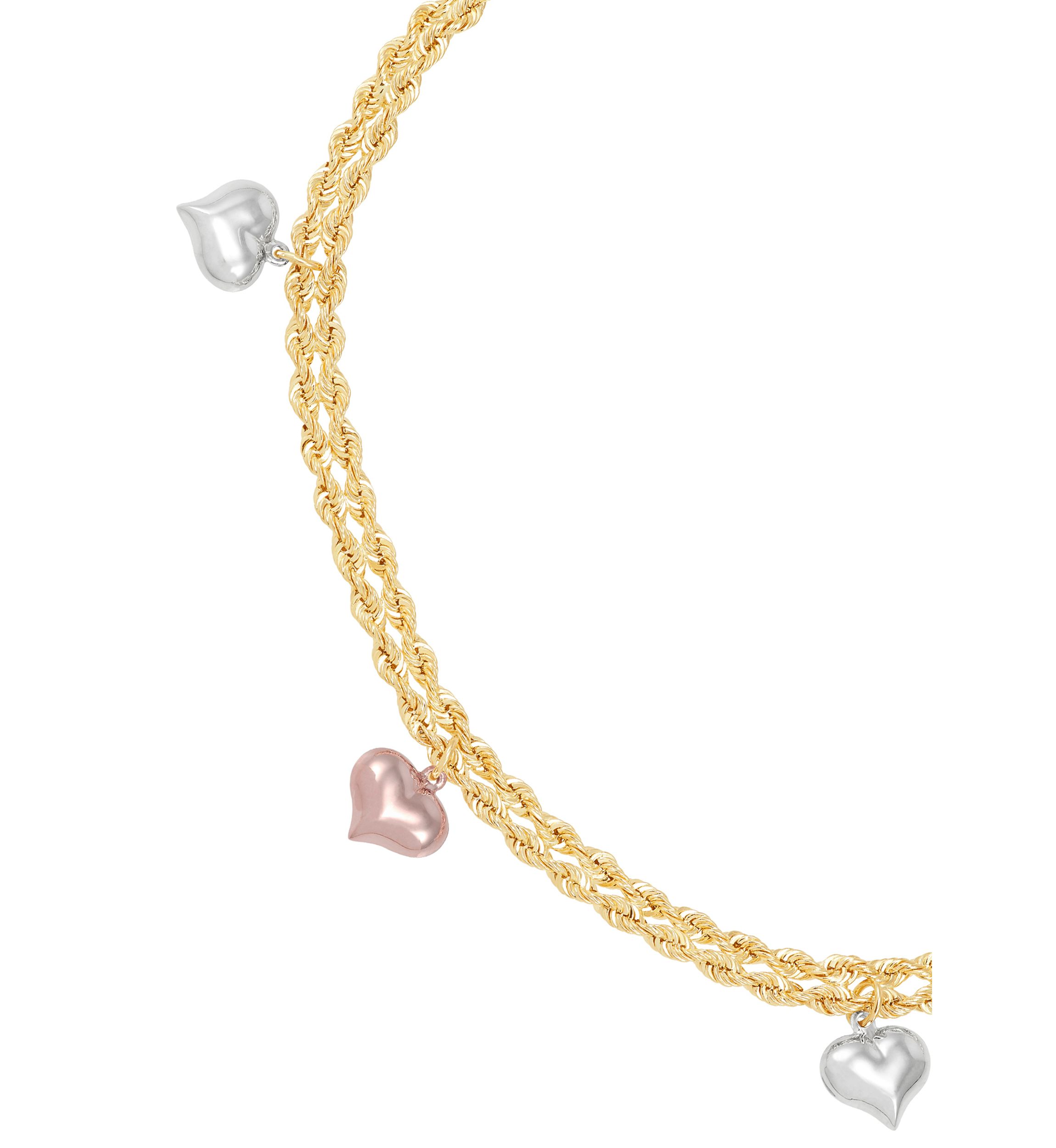 Puffed Heart 2 Row Rope Chain Anklet in 10K Tri-Tone Gold