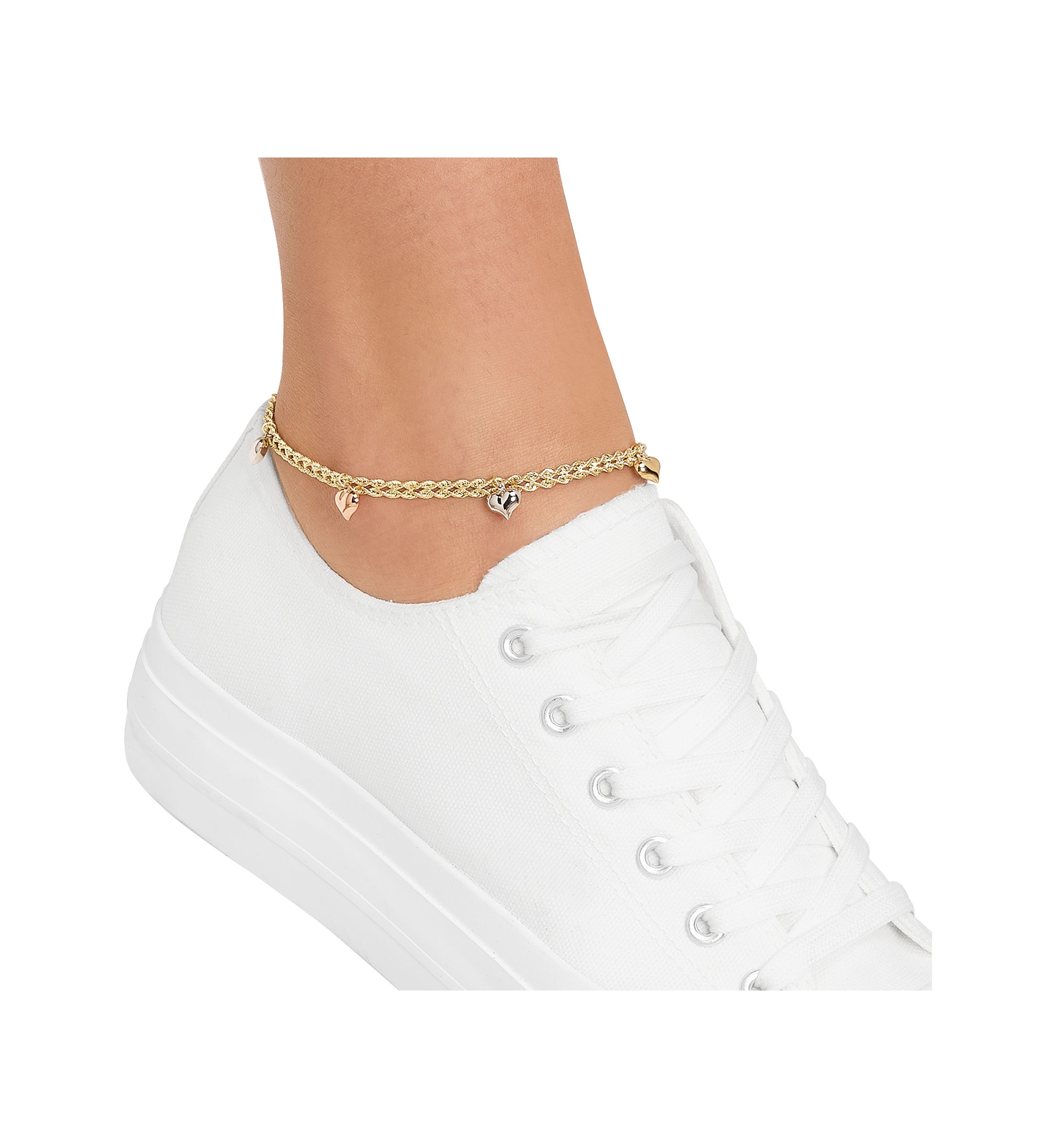 Puffed Heart 2 Row Rope Chain Anklet in 10K Tri-Tone Gold