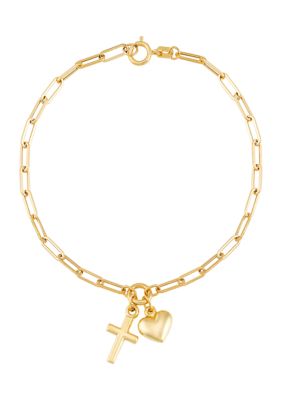 Belk & Co Cross And Heart Paperclip Bracelet In 10K Yellow Gold