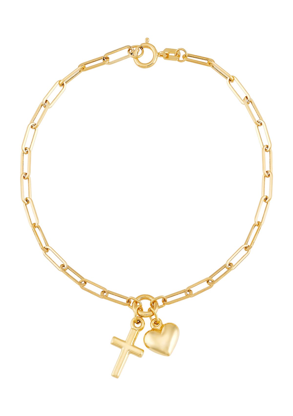 Cross and Heart Paperclip Bracelet in 10K Yellow Gold