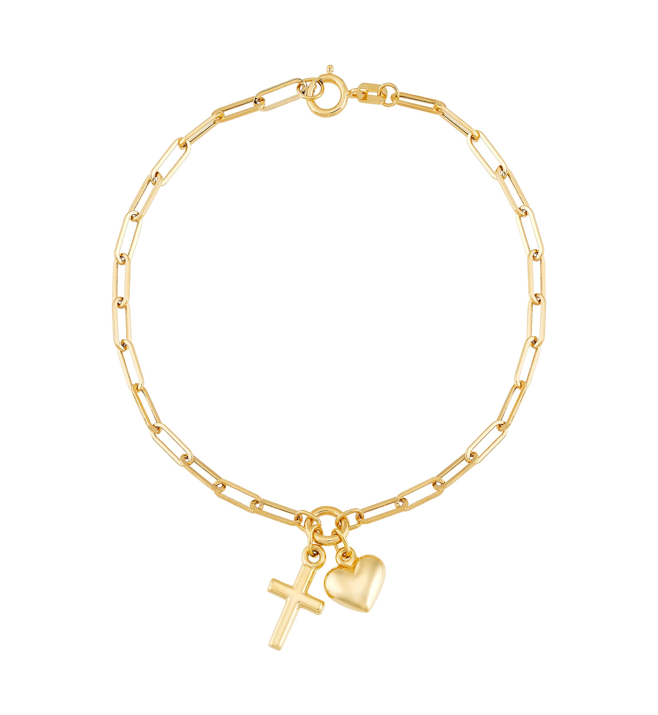 Cross and Heart Paperclip Bracelet in 10K Yellow Gold