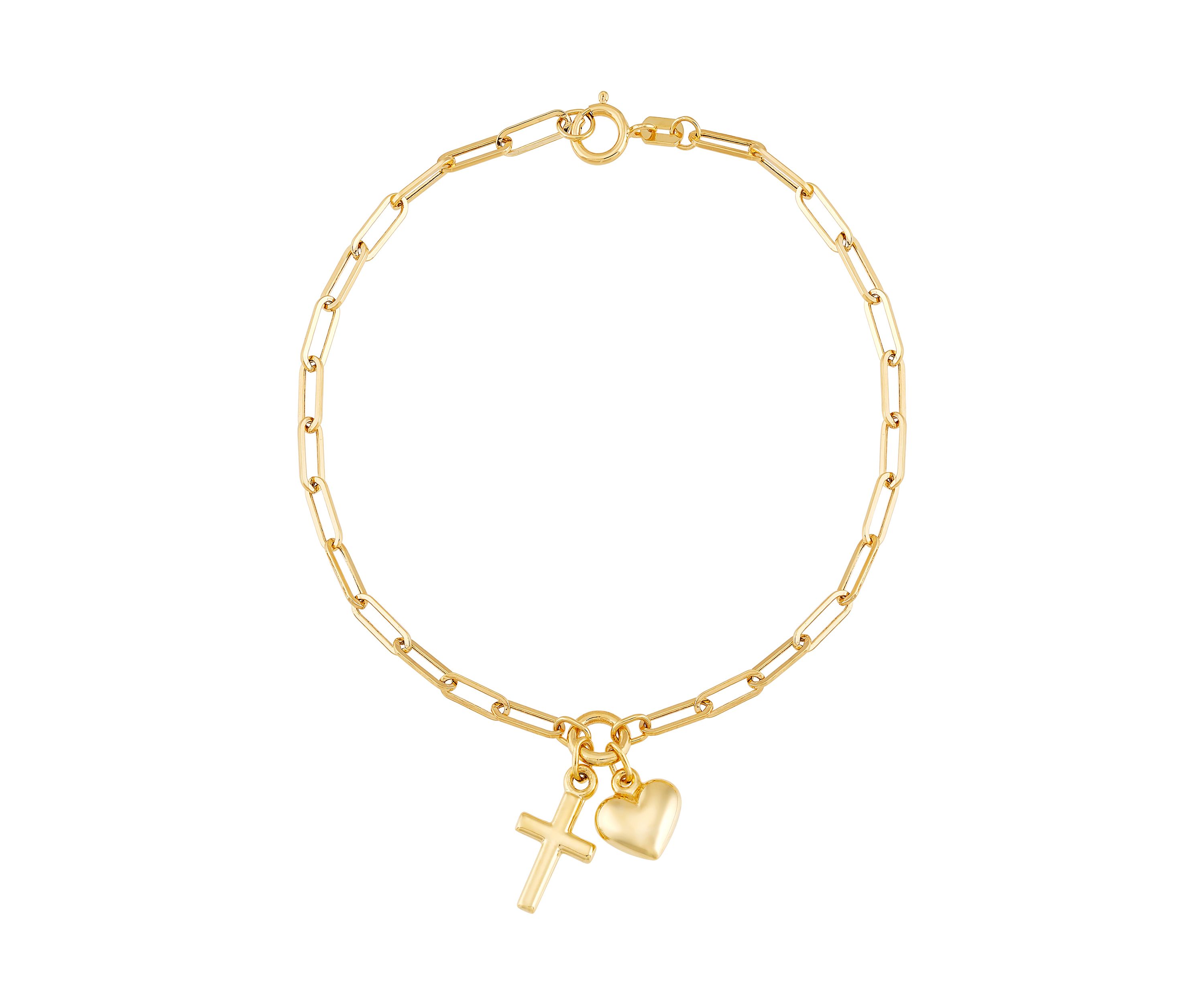 Cross and Heart Paperclip Bracelet in 10K Yellow Gold