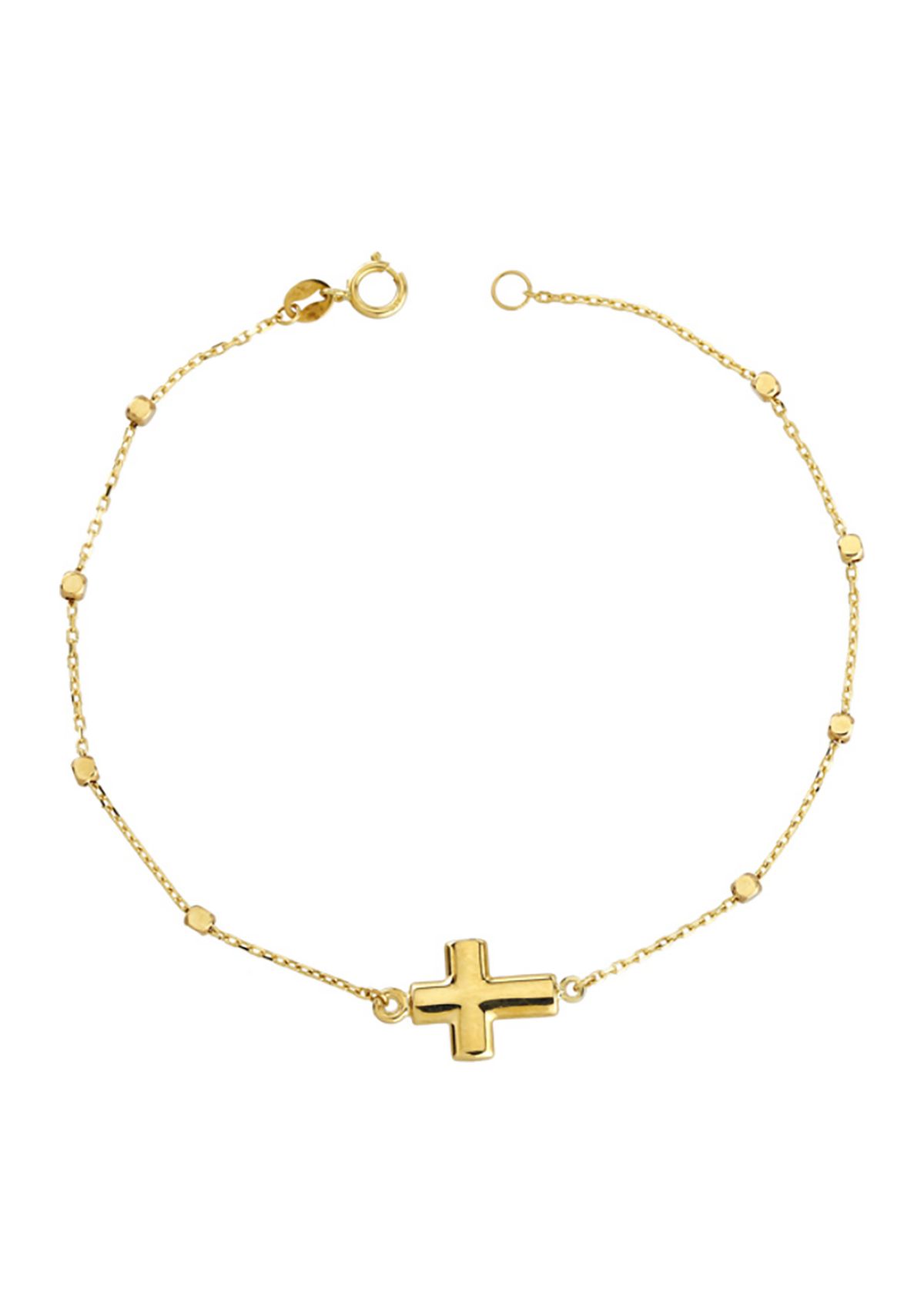 Beads Station with Center Cross Bracelet in 10K Yellow Gold