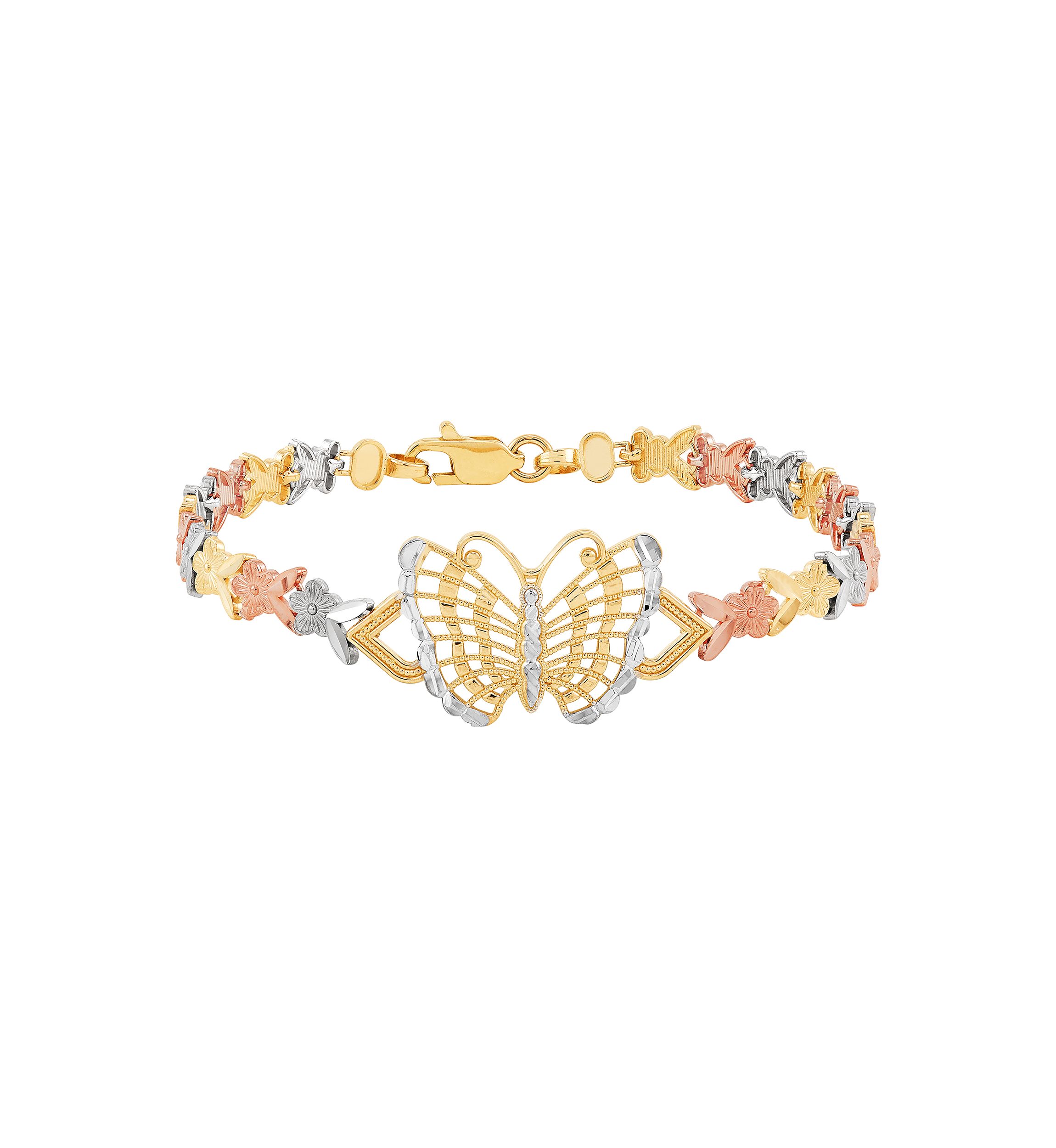 Center Butterfly Flower Link Bracelet in 10K Tri Tone Gold
