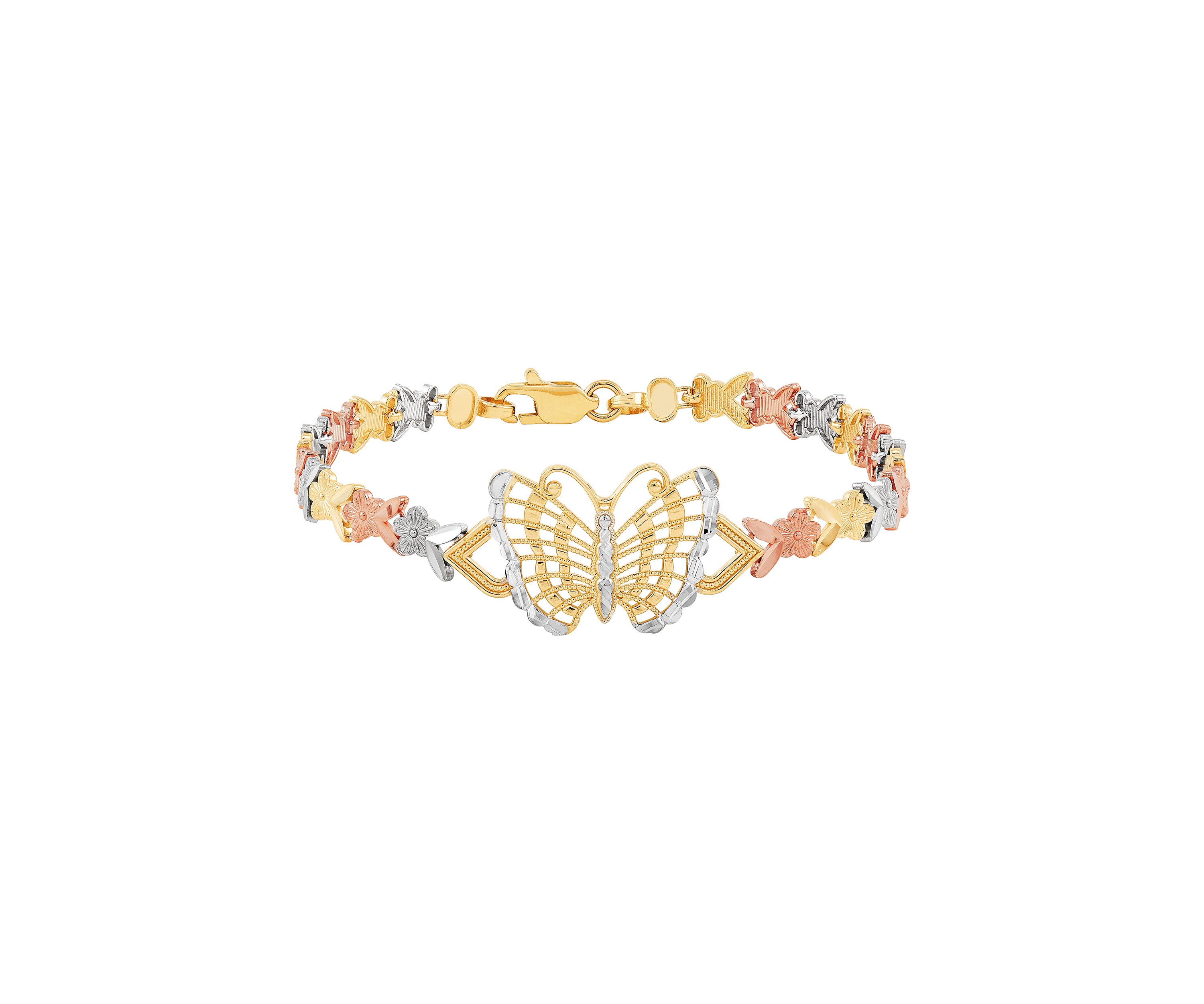 Center Butterfly Flower Link Bracelet in 10K Tri Tone Gold