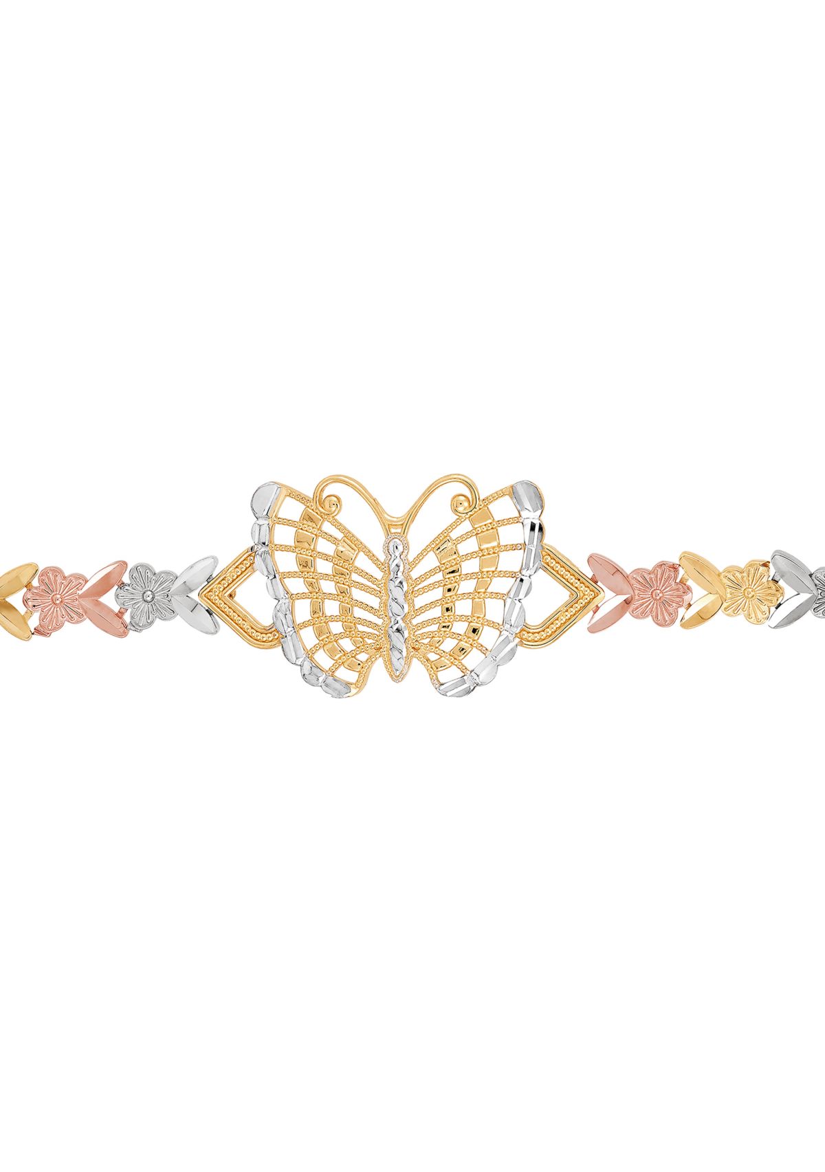 Center Butterfly Flower Link Bracelet in 10K Tri Tone Gold
