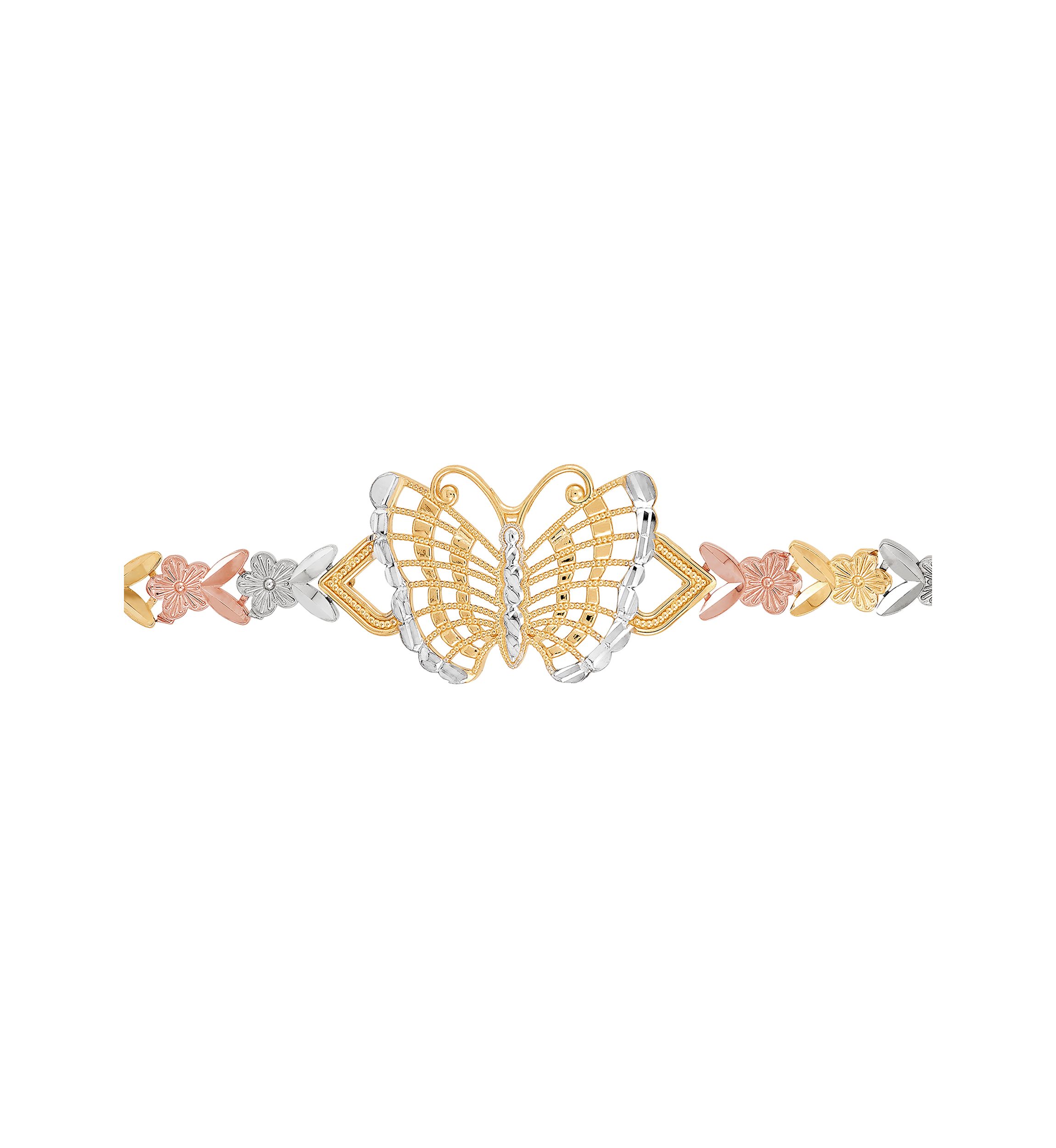 Center Butterfly Flower Link Bracelet in 10K Tri Tone Gold