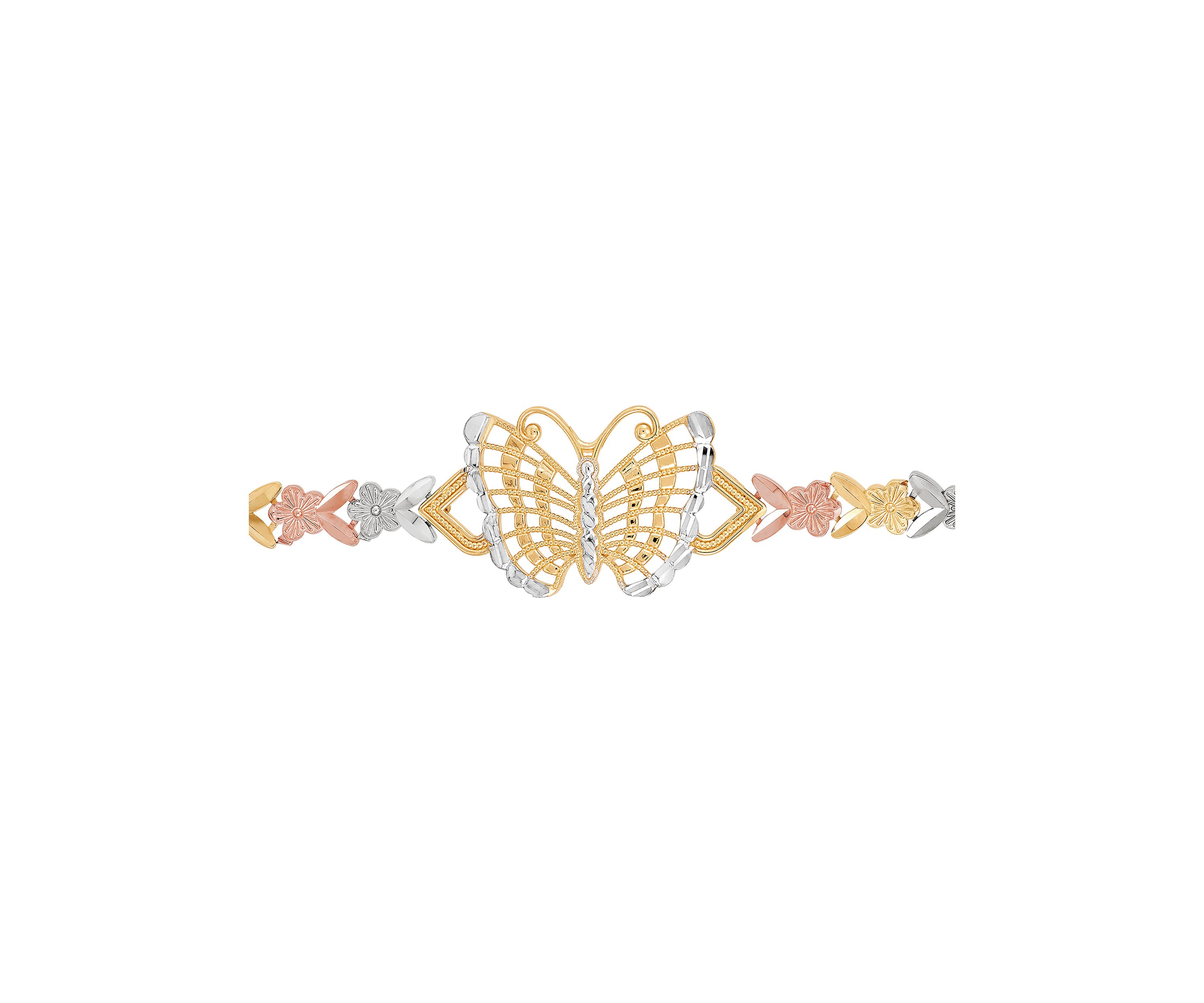 Center Butterfly Flower Link Bracelet in 10K Tri Tone Gold