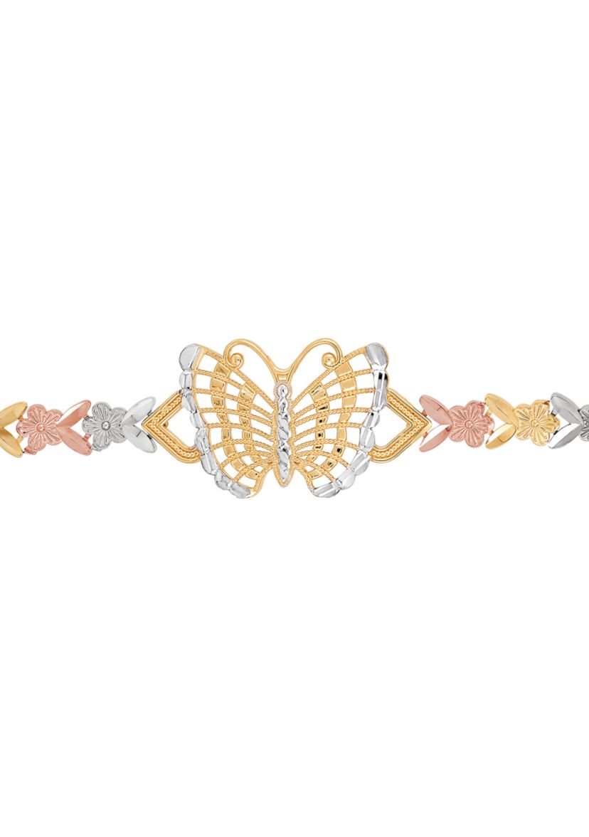 Center Butterfly Flower Link Bracelet in 10K Tri Tone Gold