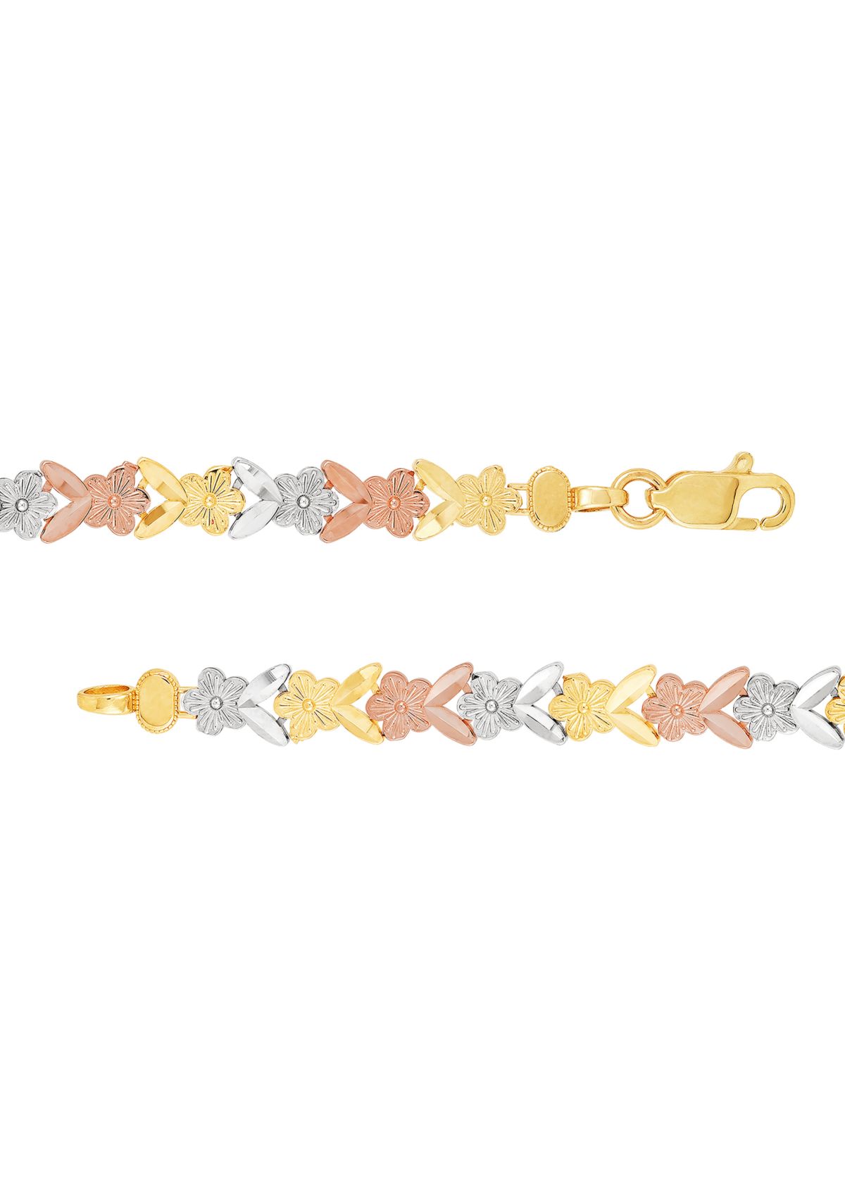 Center Butterfly Flower Link Bracelet in 10K Tri Tone Gold