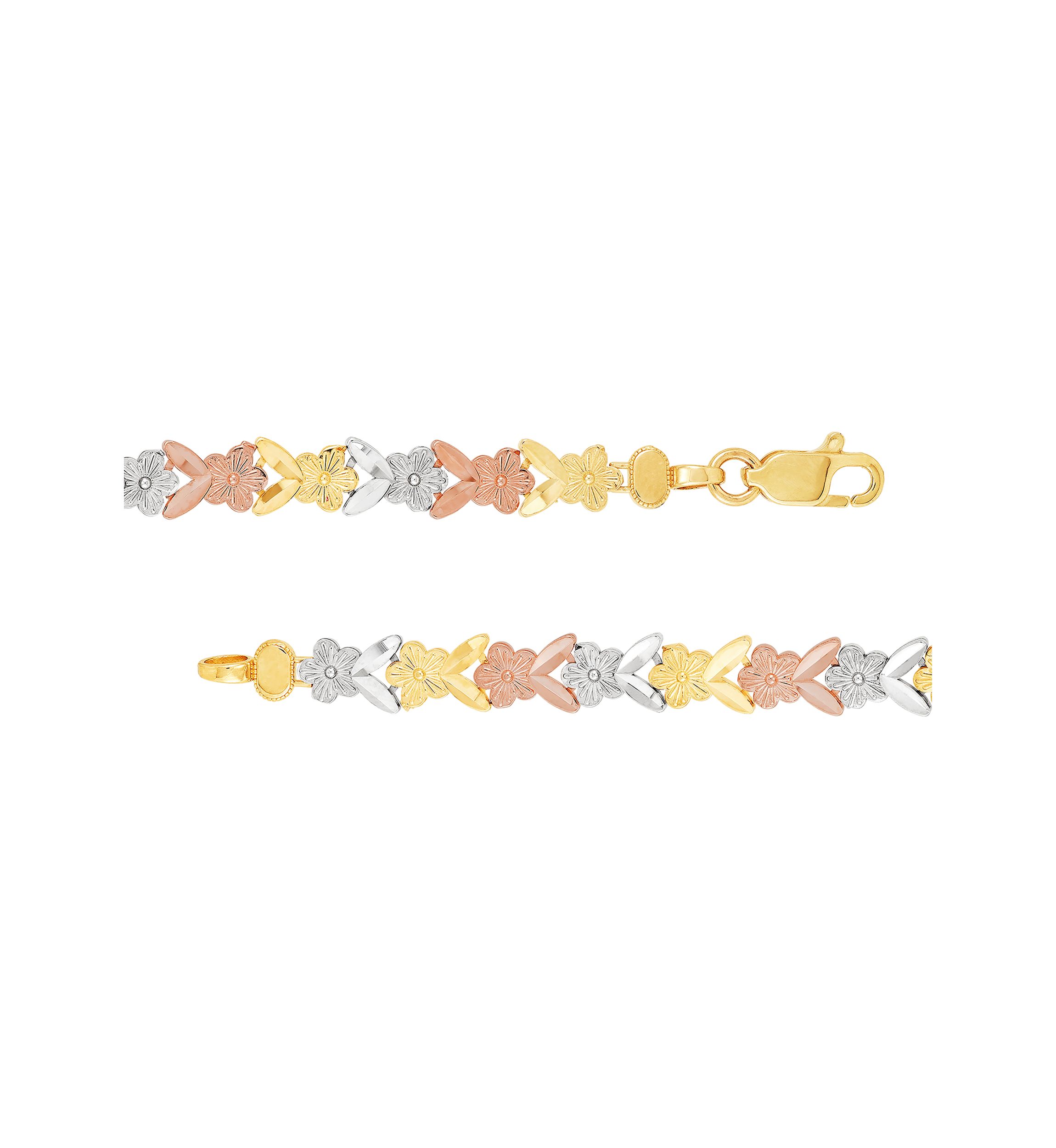 Center Butterfly Flower Link Bracelet in 10K Tri Tone Gold