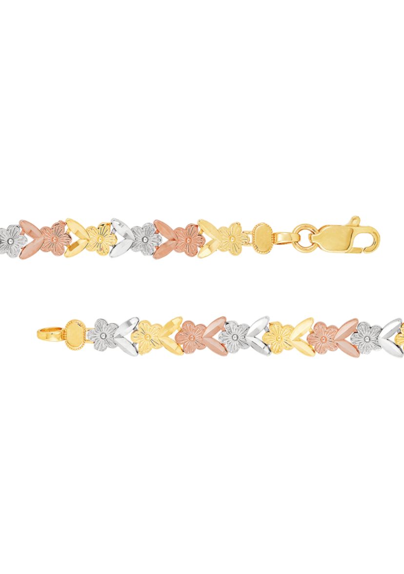 Center Butterfly Flower Link Bracelet in 10K Tri Tone Gold