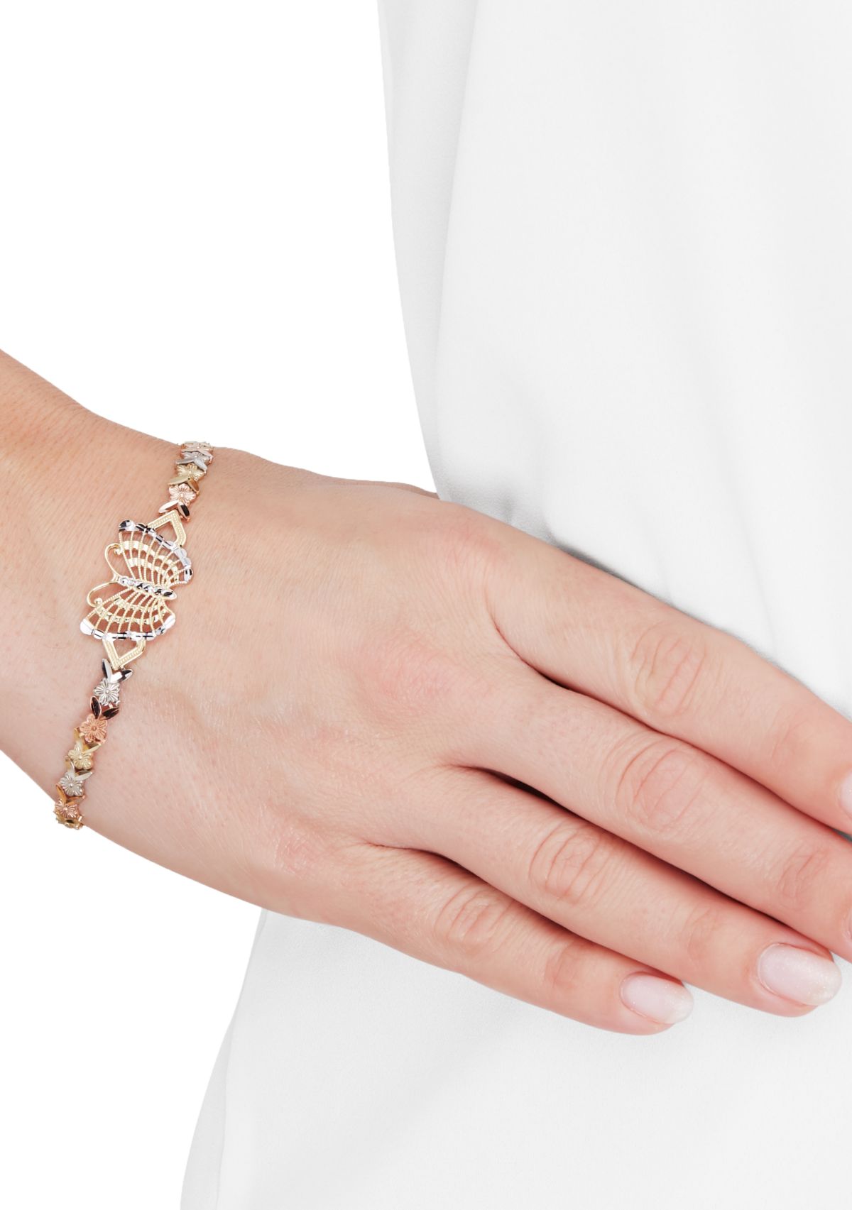 Center Butterfly Flower Link Bracelet in 10K Tri Tone Gold