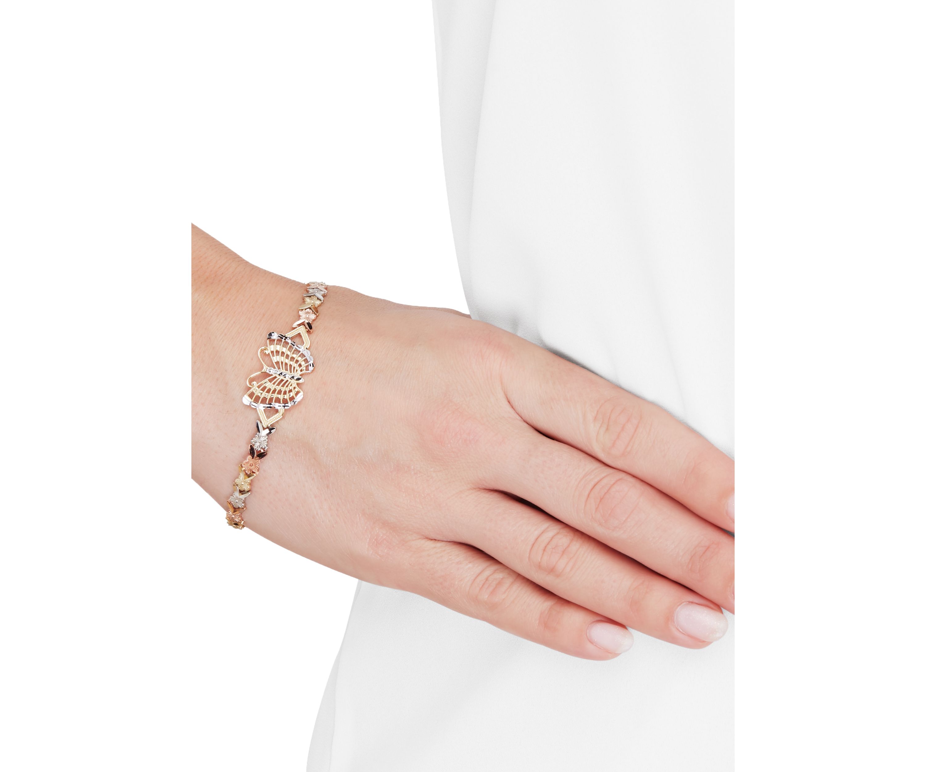 Center Butterfly Flower Link Bracelet in 10K Tri Tone Gold