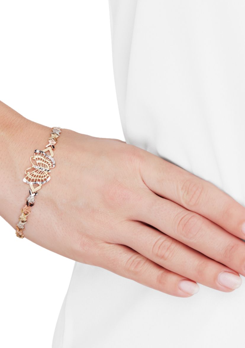 Center Butterfly Flower Link Bracelet in 10K Tri Tone Gold