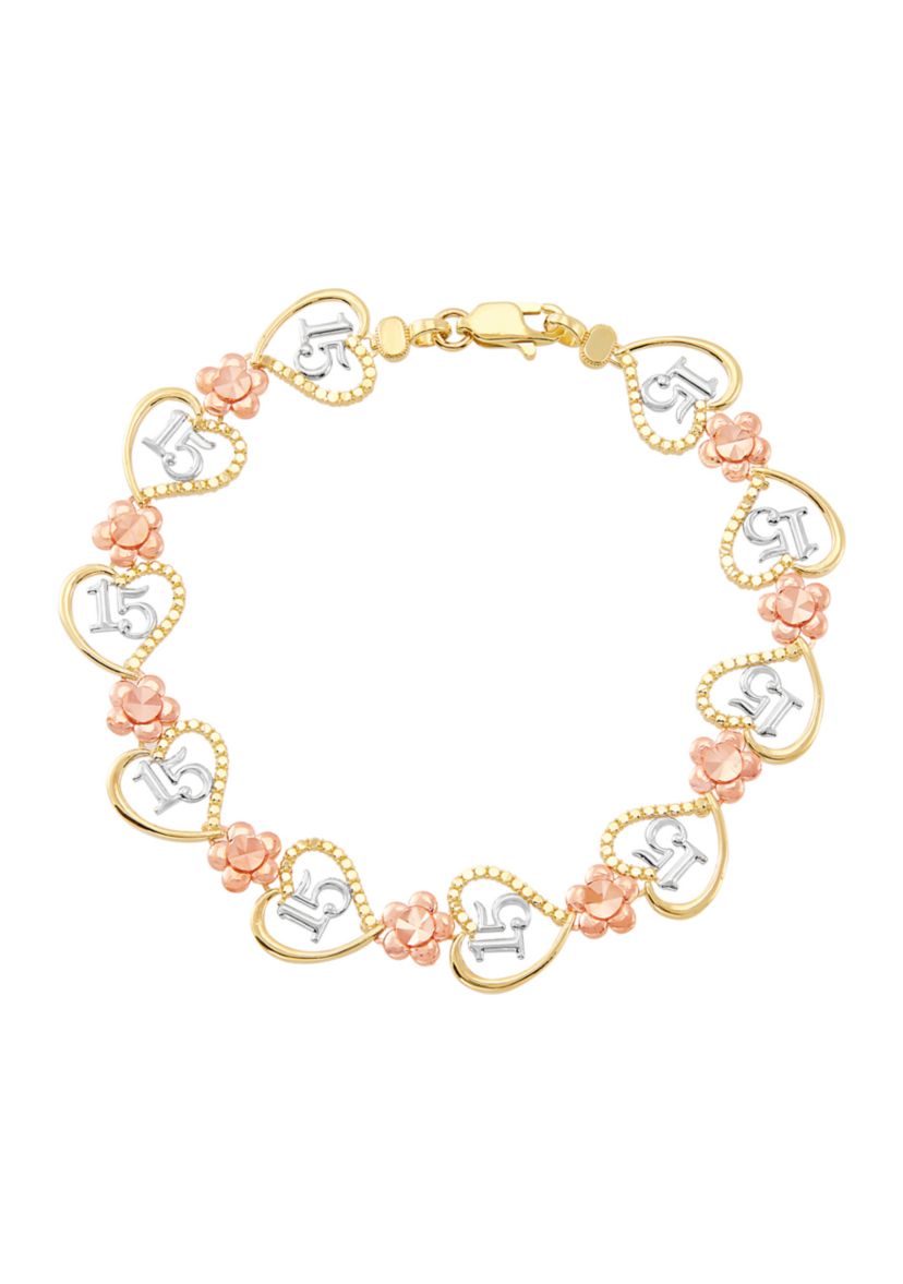 Flower and Heart Link Braceket in 10K Rose and Yellow Gold