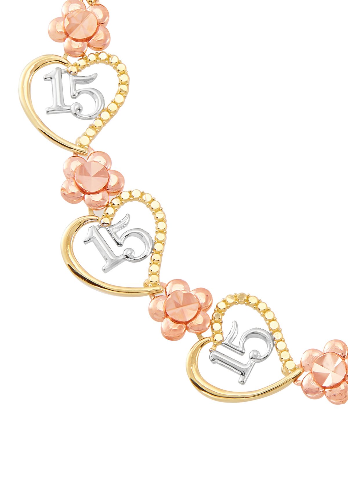 Flower and Heart Link Braceket in 10K Rose and Yellow Gold