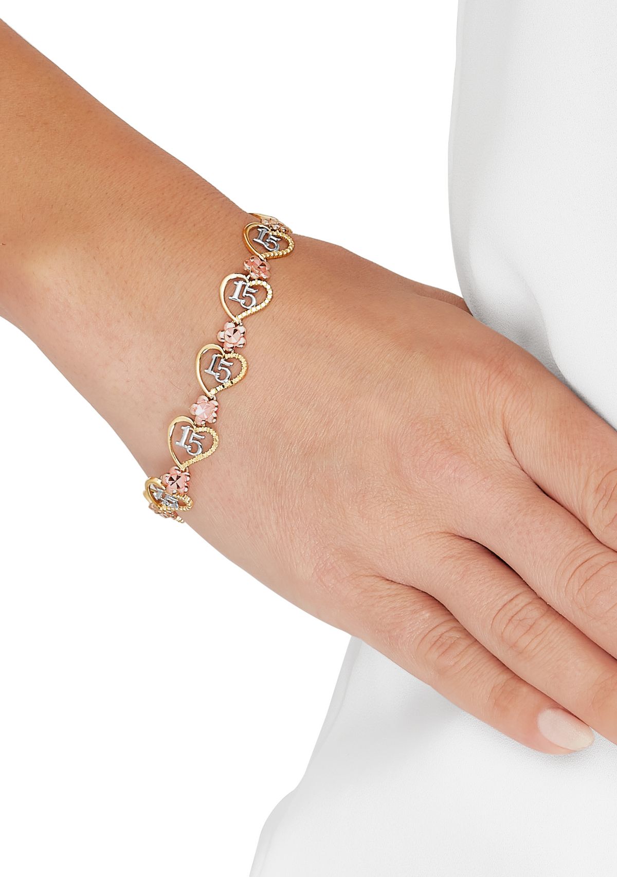 Flower and Heart Link Braceket in 10K Rose and Yellow Gold
