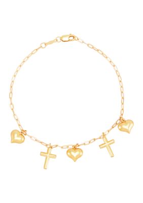 Belk & Co Dangle Heart and Cross Bracelet in 10K Yellow Gold