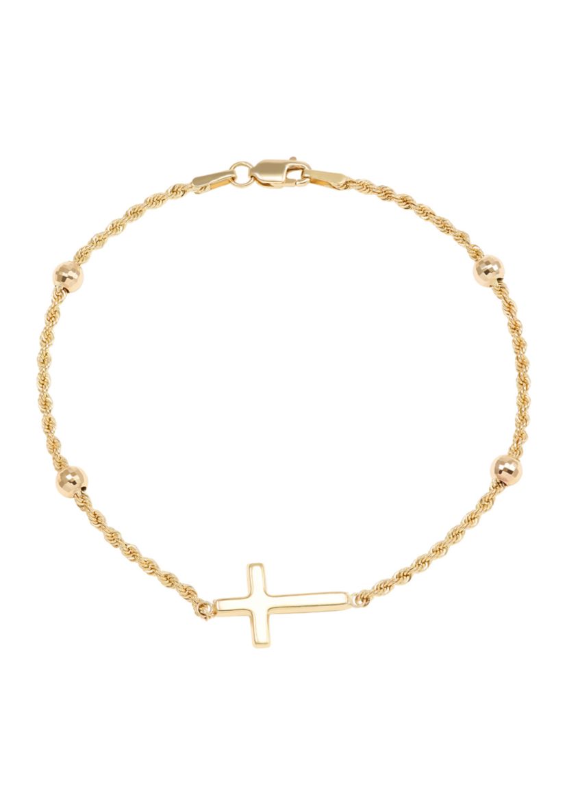 Beads Station Rope Chain with Center Cross Bracelet in 10K Yellow Gold