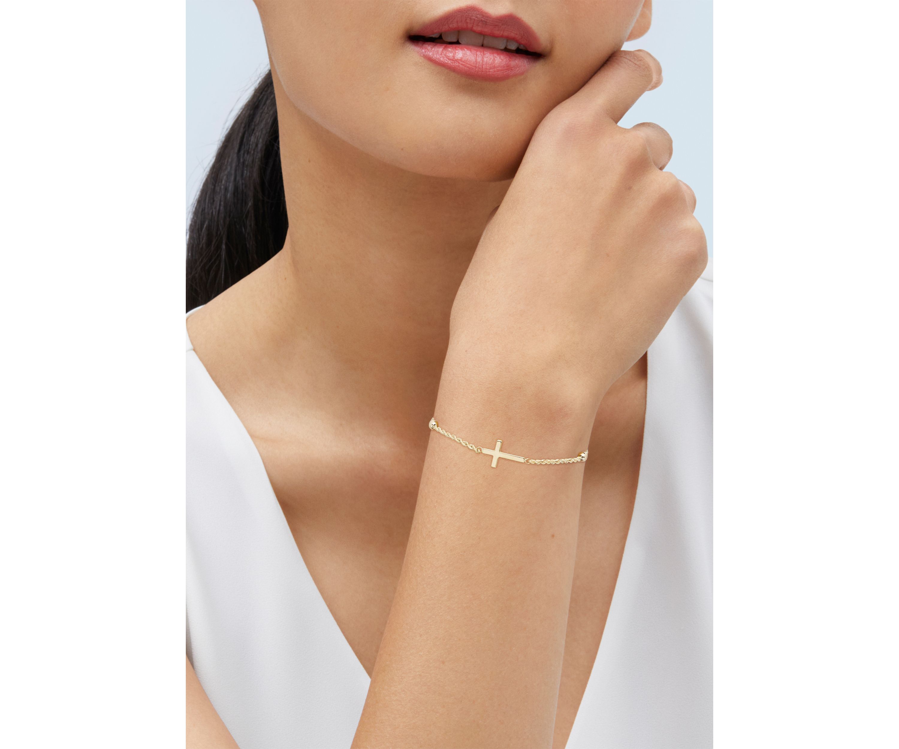 Beads Station Rope Chain with Center Cross Bracelet in 10K Yellow Gold